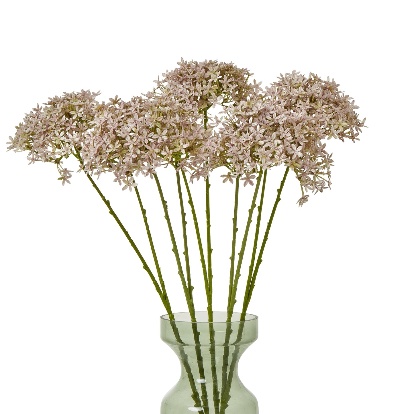 Lilac Crown Hydrangea Stem features delicate, realistic light purple blooms atop slender green stems, arranged in a clear glass vase.