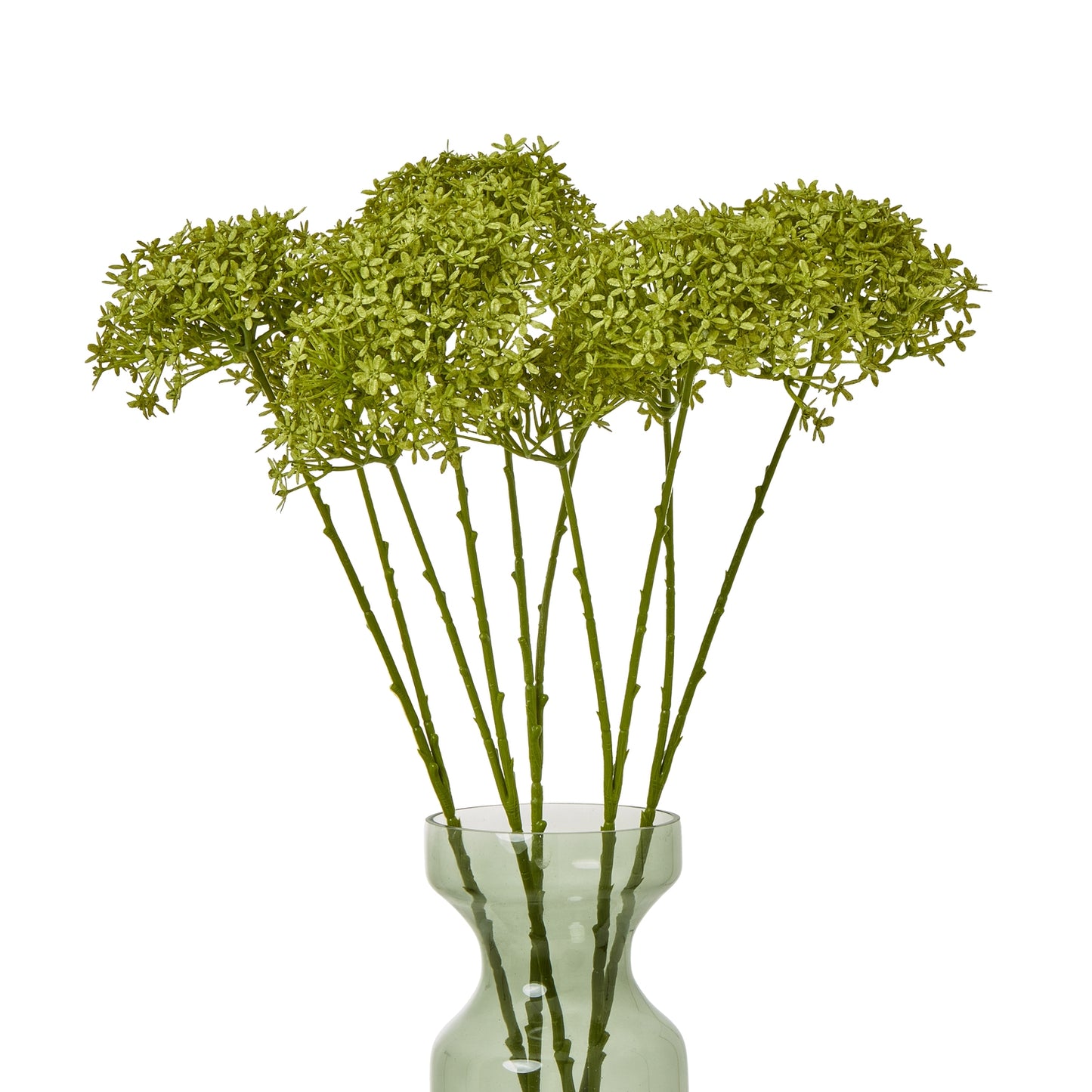 Lifelike green hydrangea stem with delicate blooms, displayed in a clear vase, perfect for enhancing any interior style.