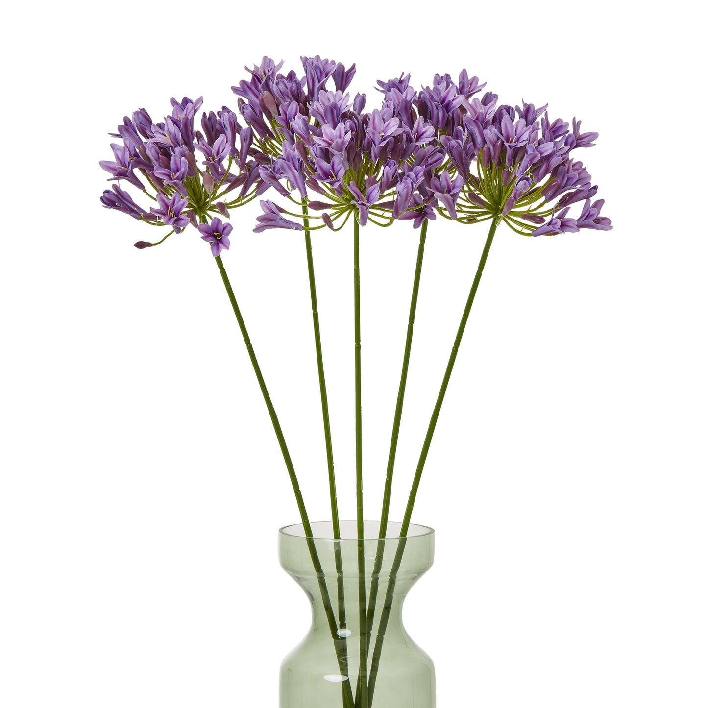 A lush arrangement of lilac agapanthus blooms in a clear, green glass vase, showcasing delicate petals and slender stems.