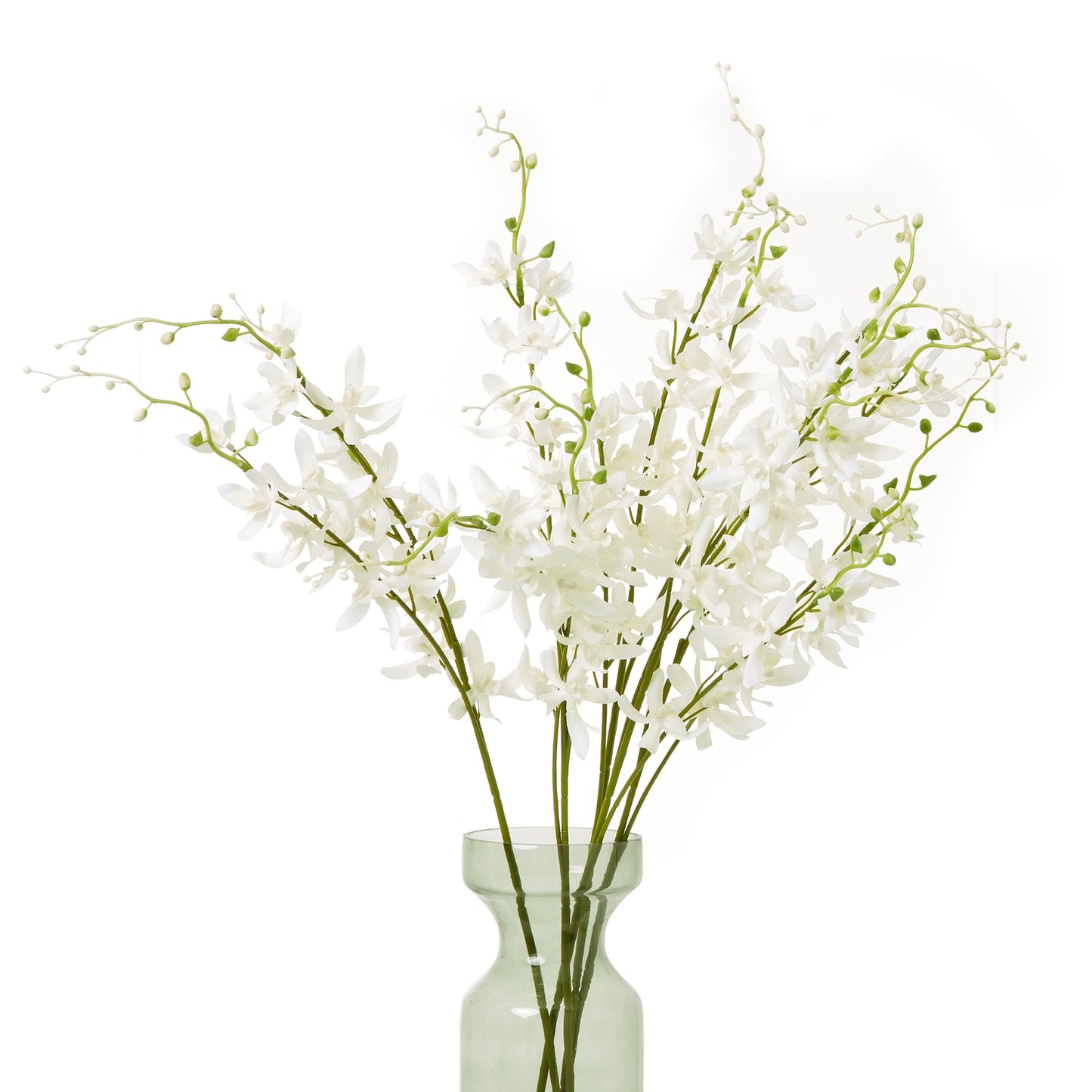 Graceful white Cymbidium spray in a clear vase, featuring delicate blooms and natural green accents for a serene, elegant touch.
