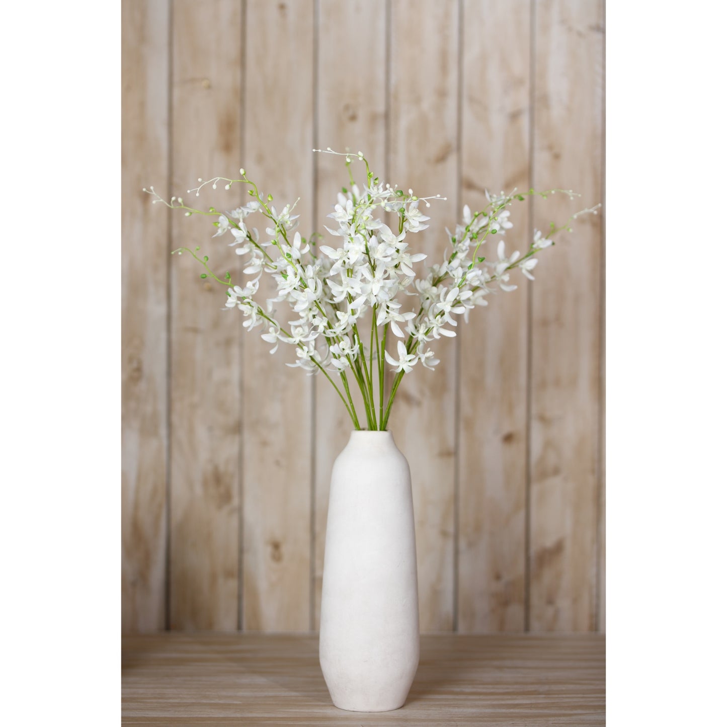 Elegant white cymbidium spray in a tall, minimalist vase, surrounded by slender green stems, enhancing serene home decor.