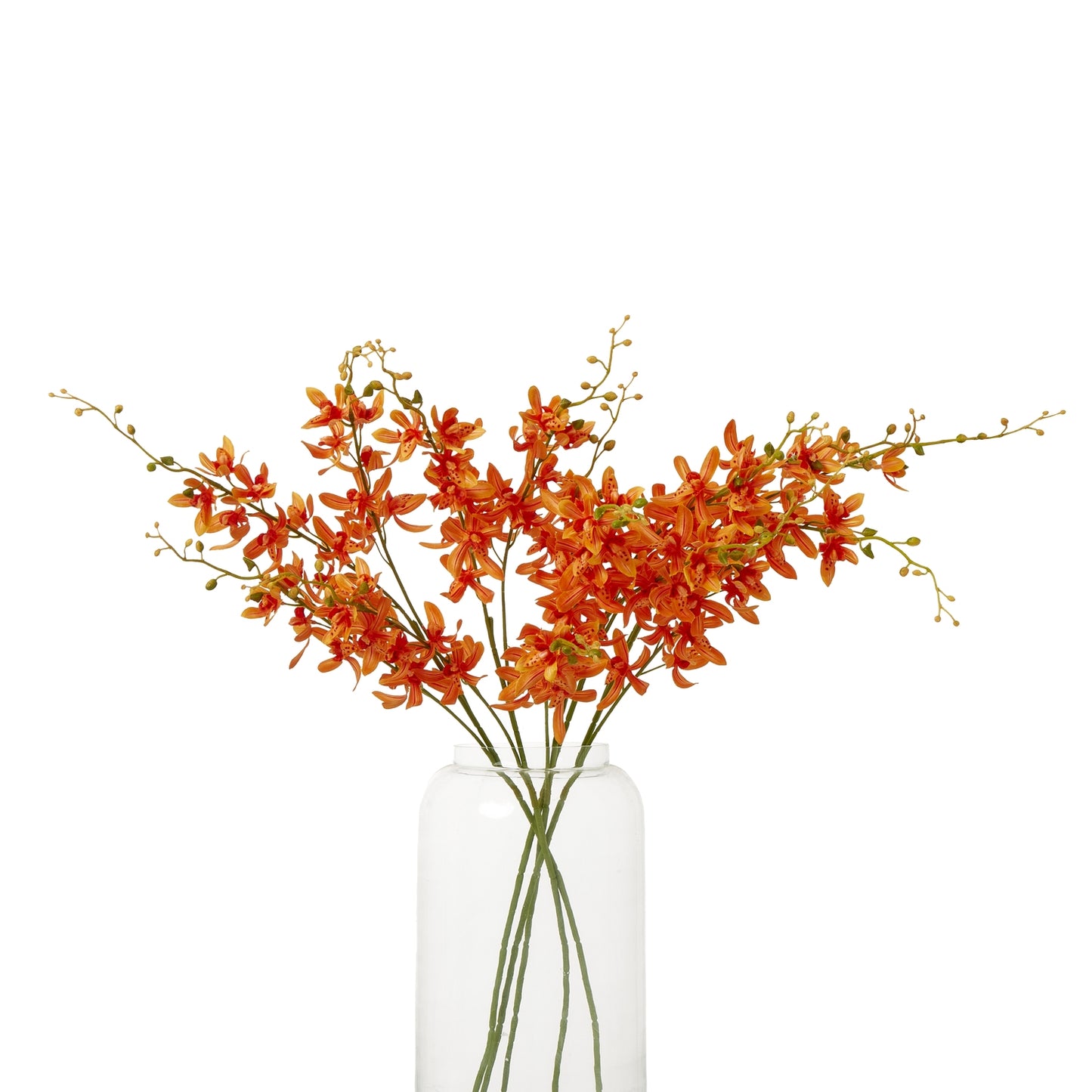 Vibrant orange Cymbidium Spray features multiple lifelike blooms in a clear vase, perfect for enhancing various interior styles.