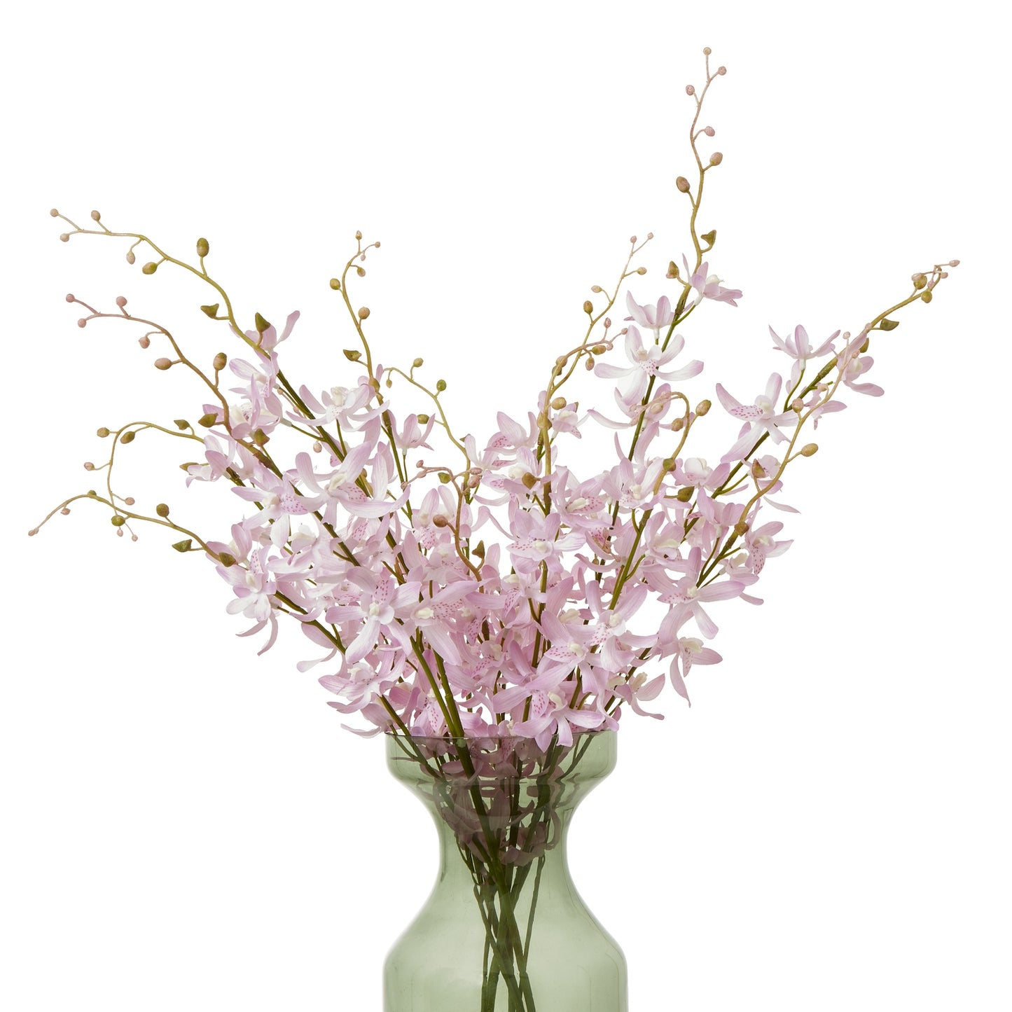 Delicate lavender orchid blooms in a graceful cascading design, arranged in a green glass vase, enhancing serene decor.