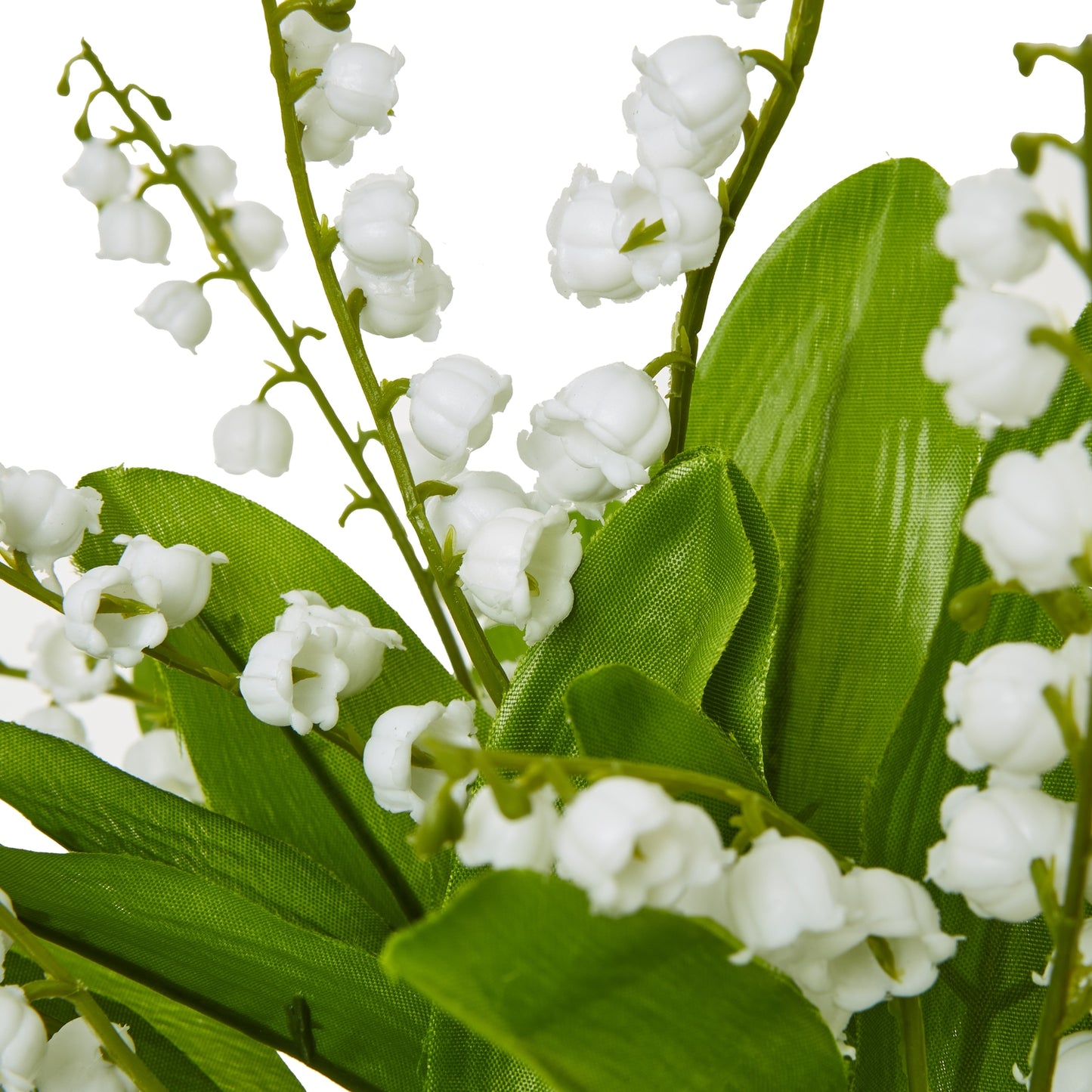Realistic bunch of white Lily of the Valley flowers with lush green leaves, perfect for elegant home decor arrangements.