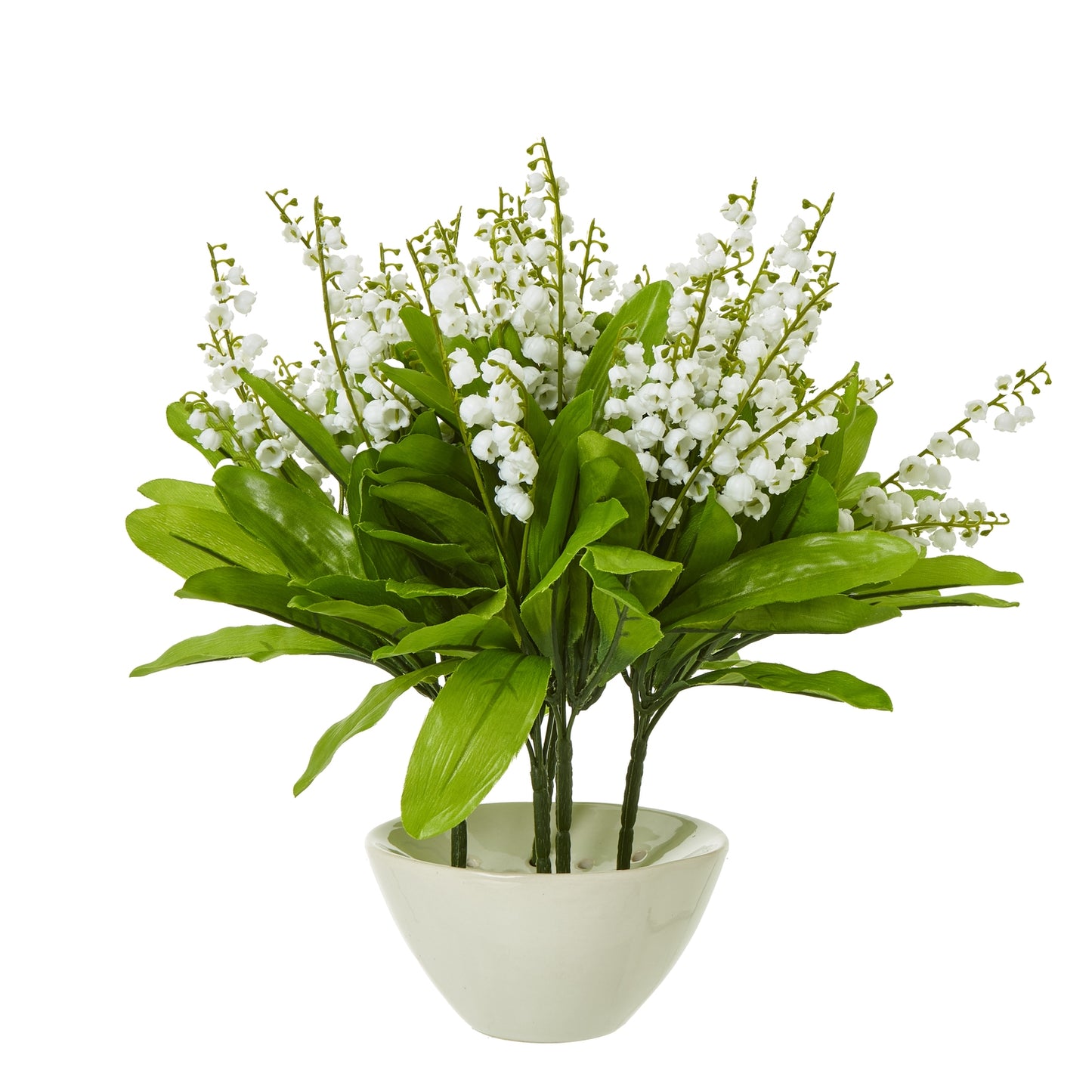Lily of the Valley bunch with realistic white blooms and lush green leaves in a simple white pot, perfect for elegant decor.