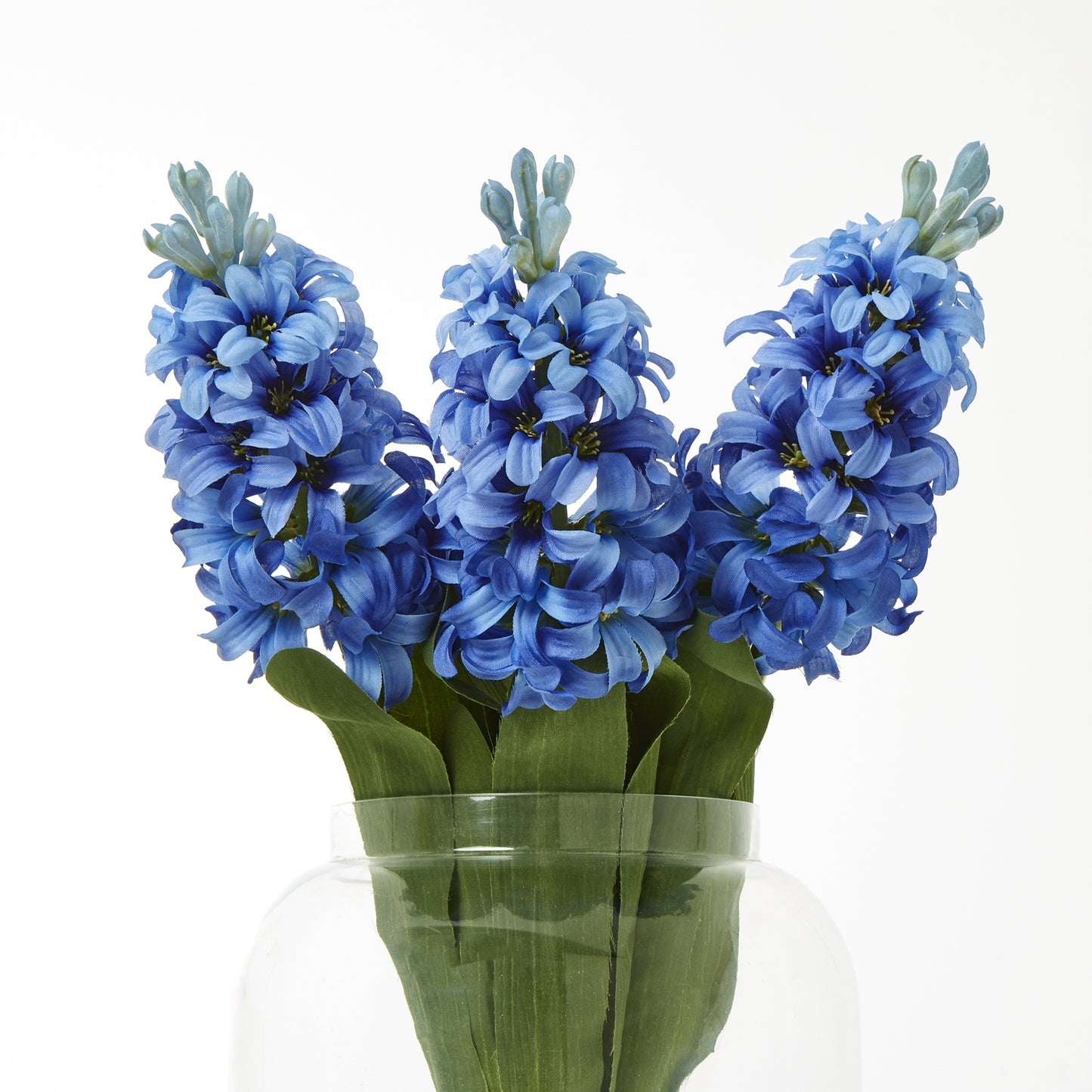Vibrant blue hyacinth stem featuring densely packed petals and lush green leaves, perfect for elegant floral arrangements.