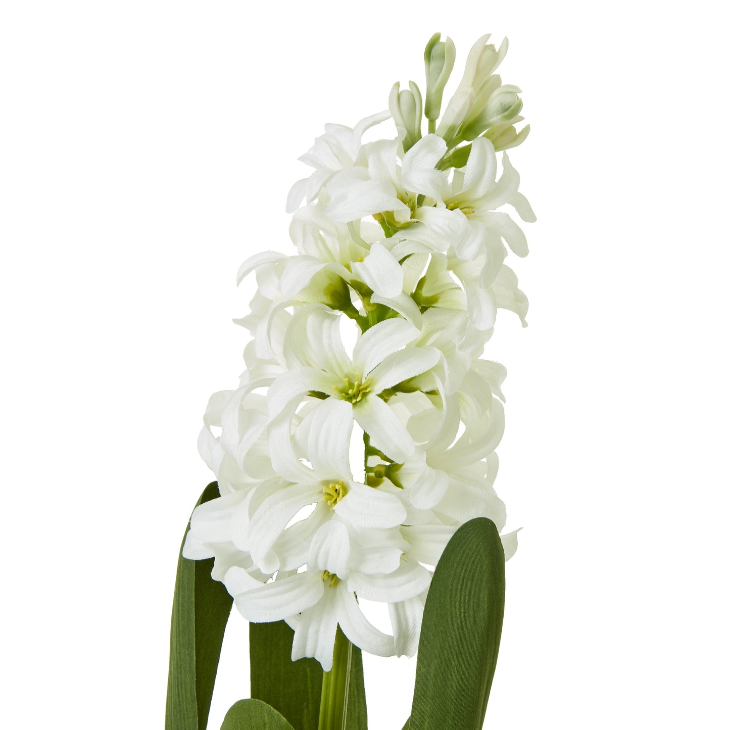 Elegant artificial white hyacinth stem with intricate detailing, featuring pristine blossoms and lush green leaves. Perfect for stylish decor.