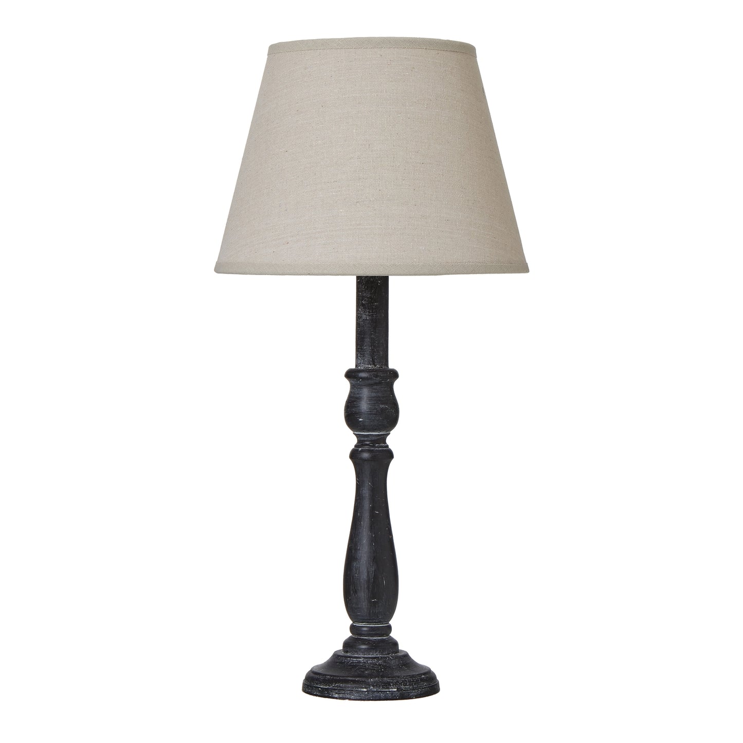 Elegant table lamp with a distressed black base and a neutral linen shade, perfect for modern or farmhouse interiors.