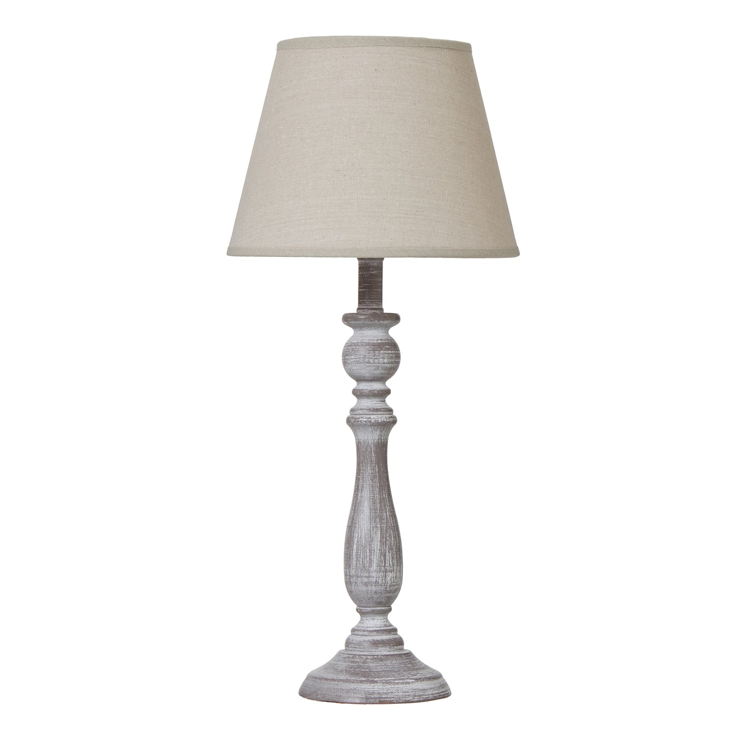 Elegant table lamp with a rustic-white carved column base and soft beige linen shade, perfect for any sophisticated space.
