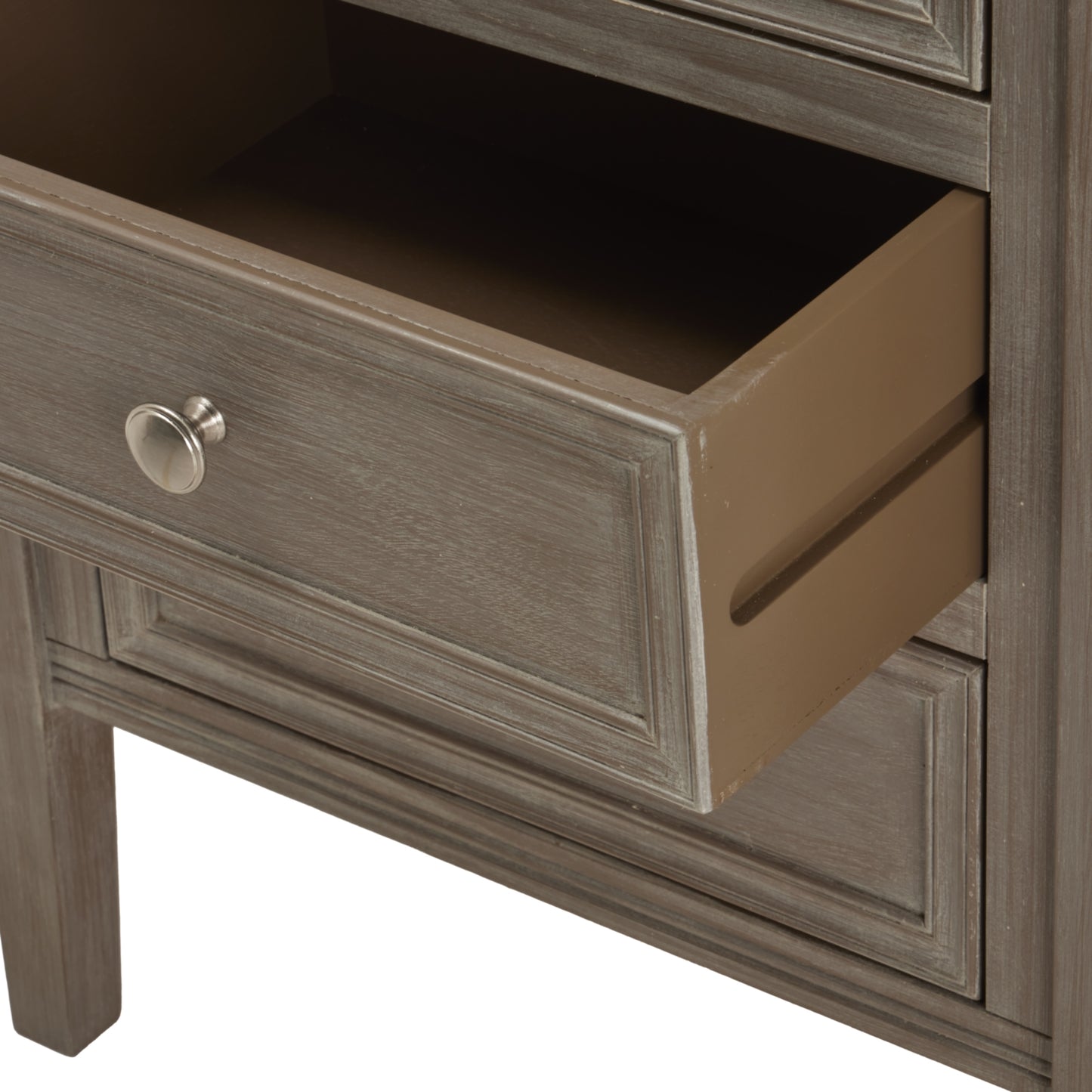 Sophisticated three-drawer bedside table in a refined distressed grey finish, showcasing elegant craftsmanship and functional design.