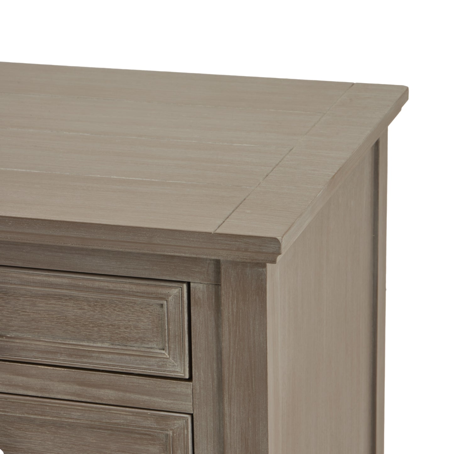 Sophisticated three-drawer bedside table in a refined distressed grey finish, showcasing elegant details and functional design.