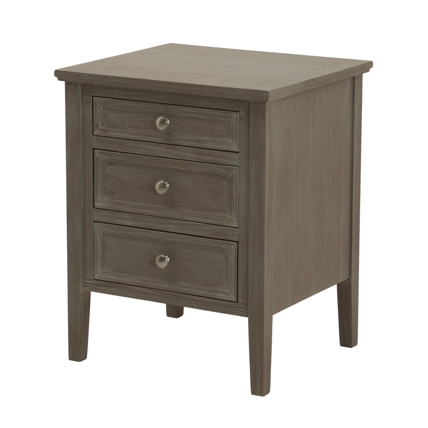 Three-drawer bedside table in a refined distressed grey finish, featuring elegant craftsmanship and versatile design.