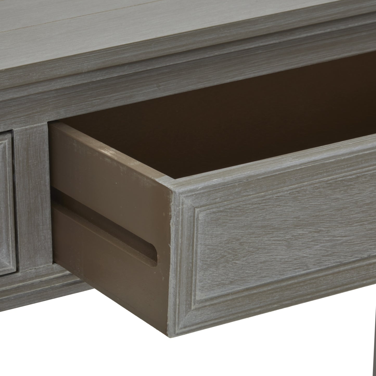 Light gray console table showcasing a polished design with two drawers, featuring refined details and exceptional craftsmanship.