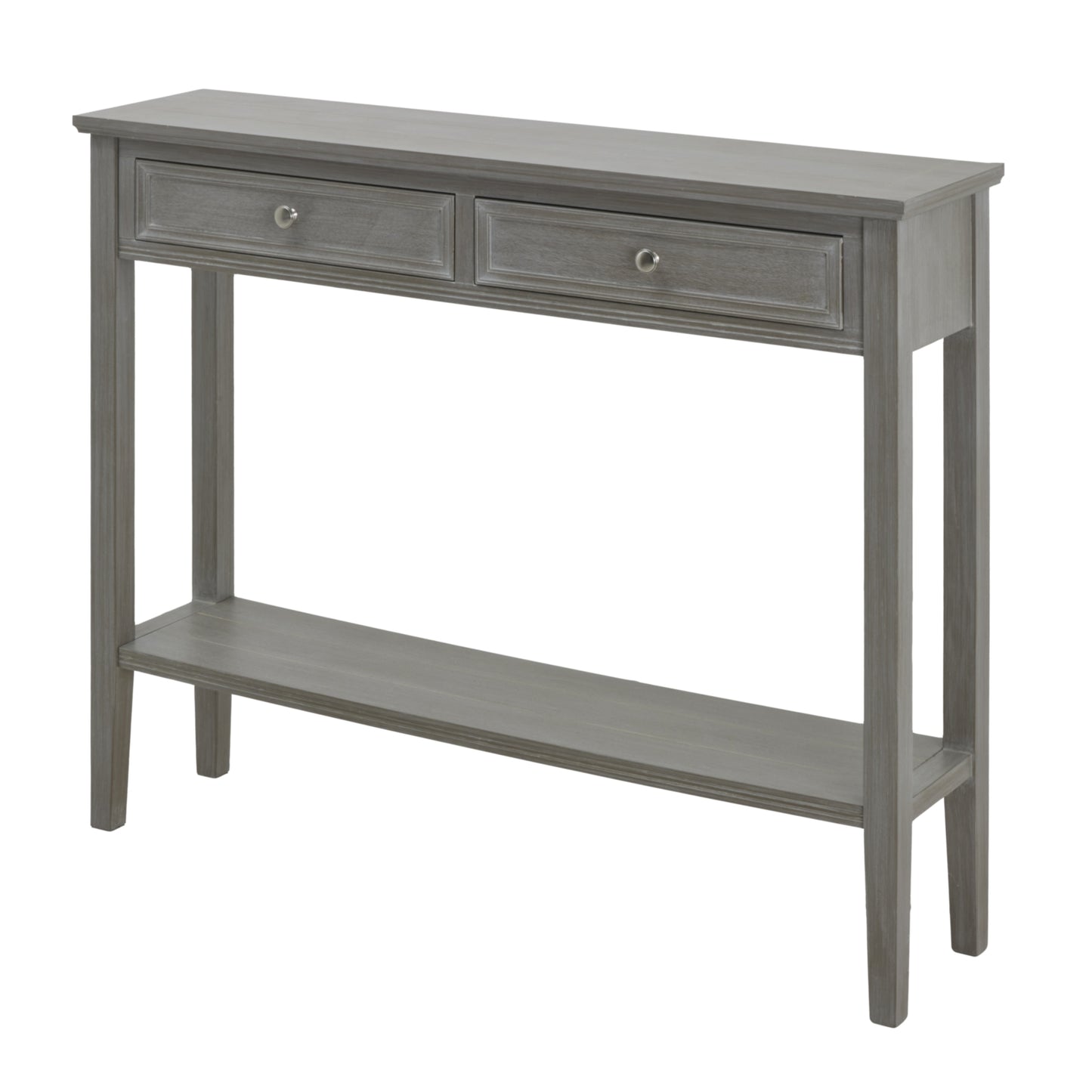 Gray two-drawer console table with a sleek silhouette, featuring polished handles and a lower shelf for added storage.