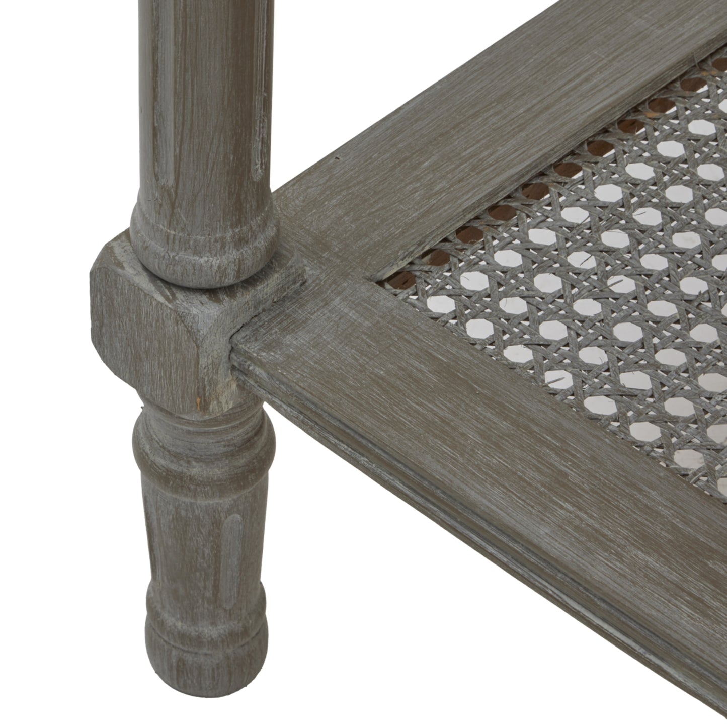 Side table featuring a grey rattan weave with tapered legs, showcasing intricate craftsmanship and a modern silhouette.