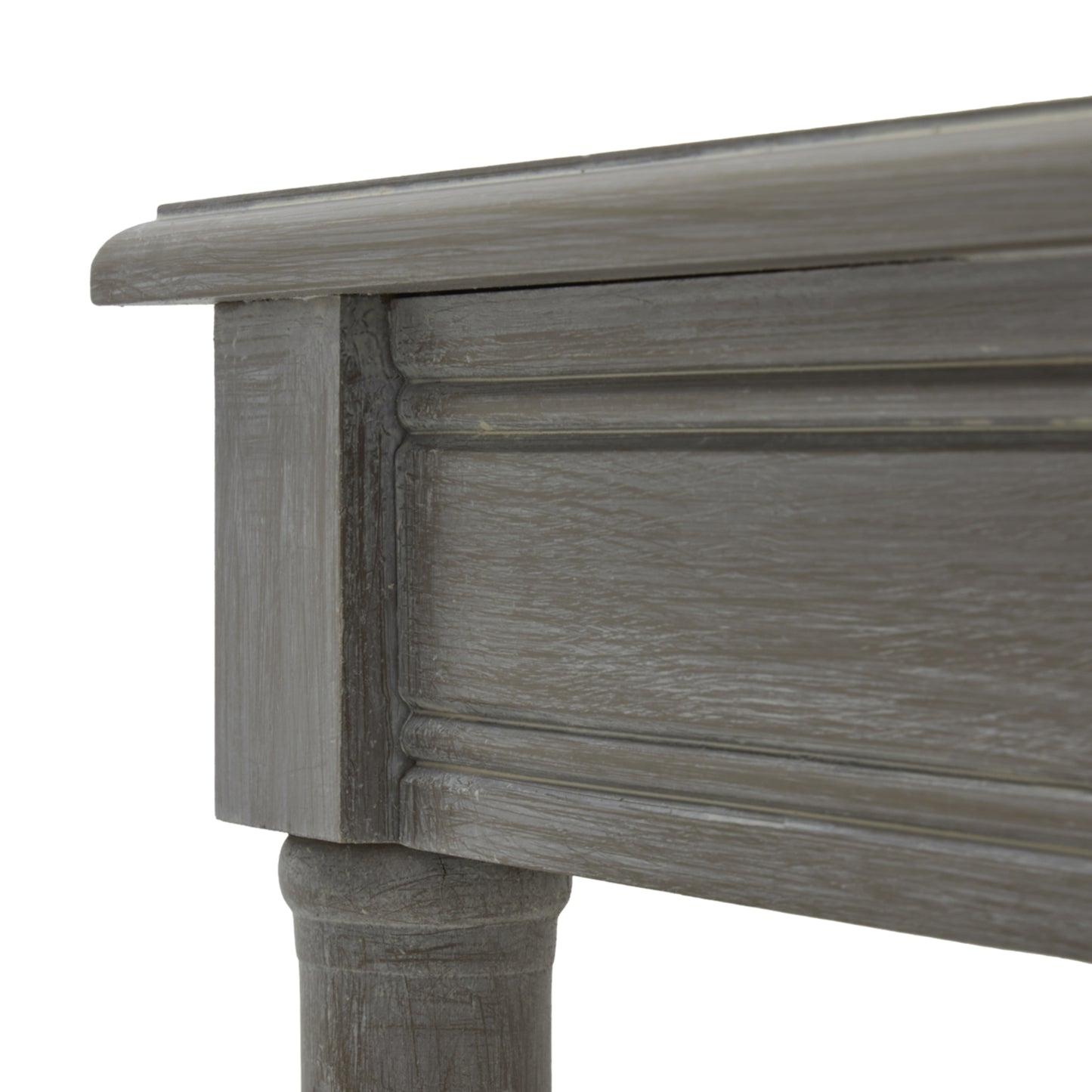 Natural grey rattan side table with a smooth top, intricate texture, and sleek tapered legs, exuding modern elegance.