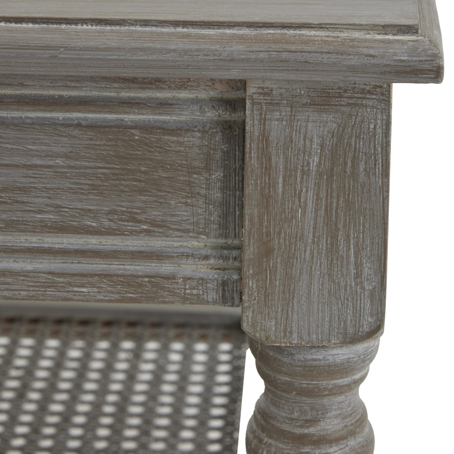 Wooden coffee table with a grey finish, featuring detailed textures and a woven rattan shelf for added elegance.