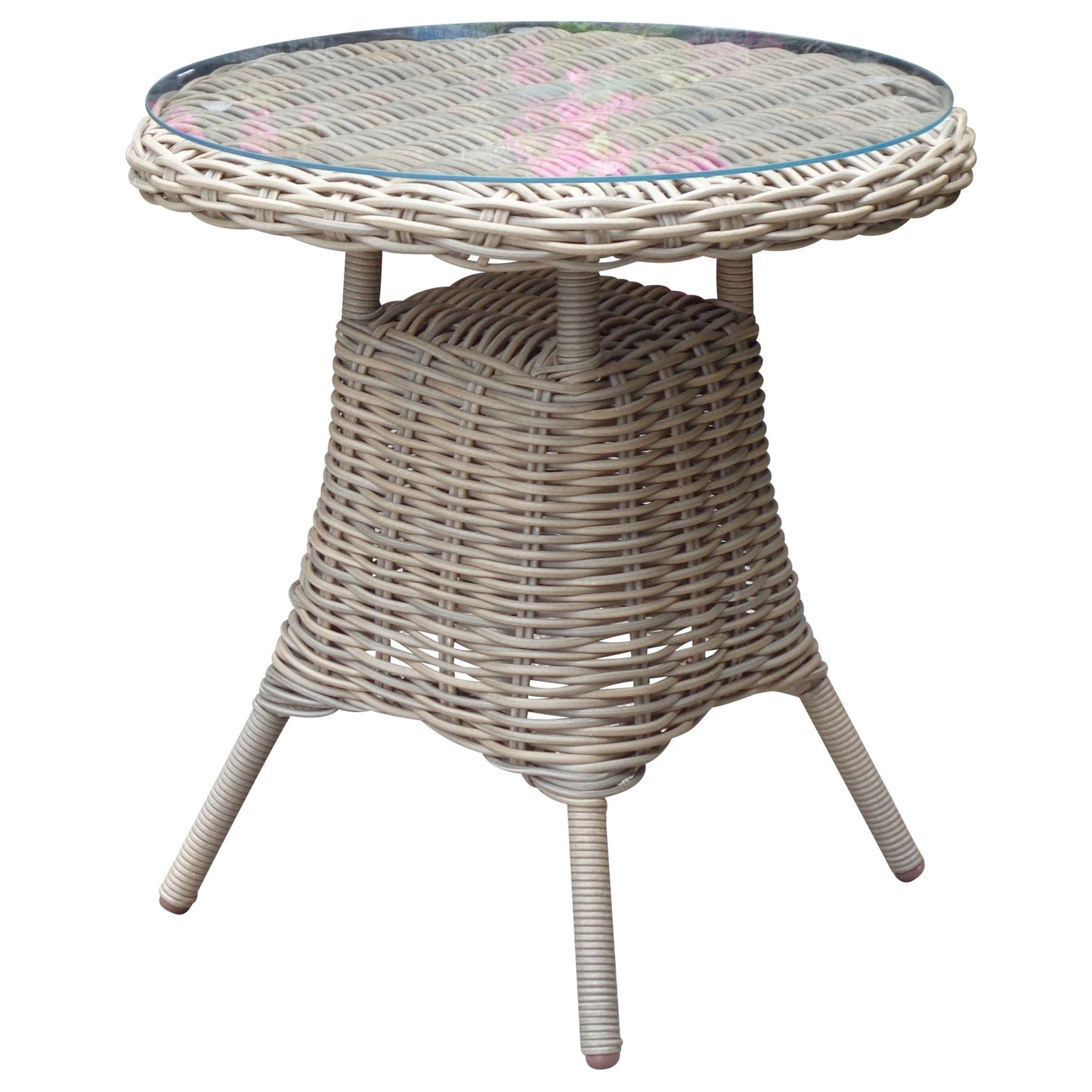 Round outdoor bistro table with a woven base and clear glass top, perfect for cozy gatherings and durable against elements.