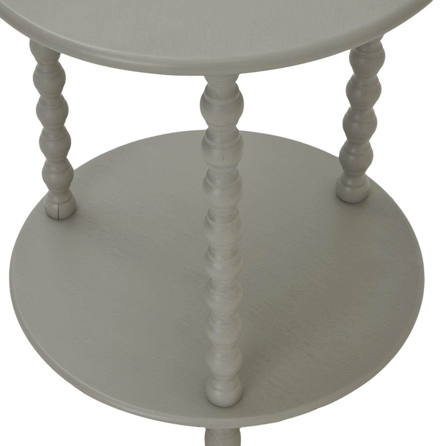 Round side table in a soft gray finish, featuring a circular top and stylishly twisted legs, perfect for modern interiors.