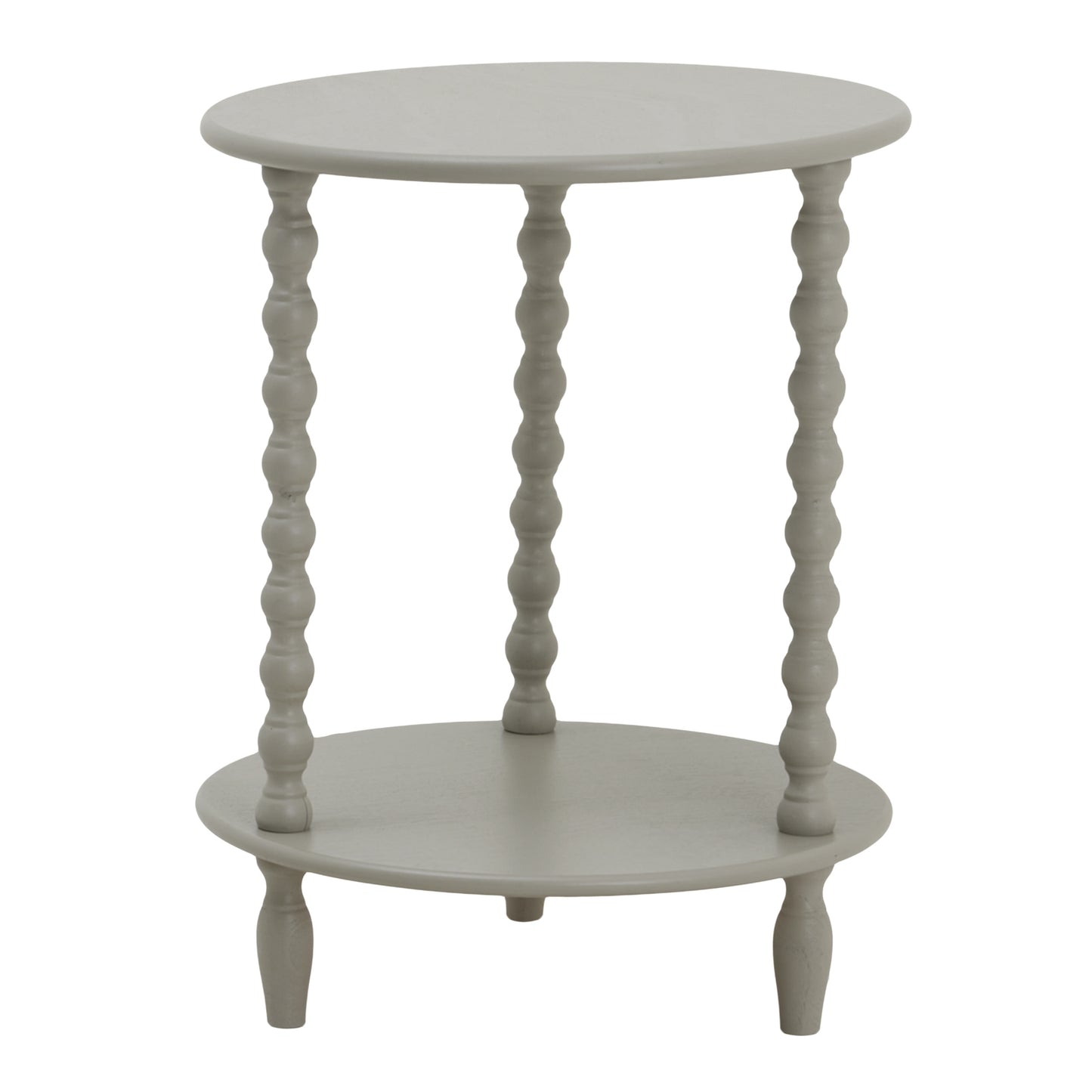 Round side table in a soft gray finish with twisted legs and a circular top, offering a blend of modern style and practical design.