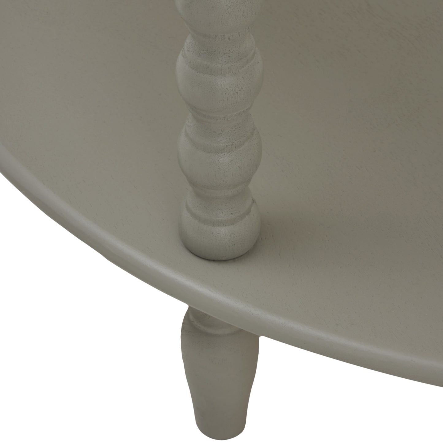 Half-moon console table with three graduated tiers, featuring a sleek gray finish and elegantly turned legs for a refined accent.