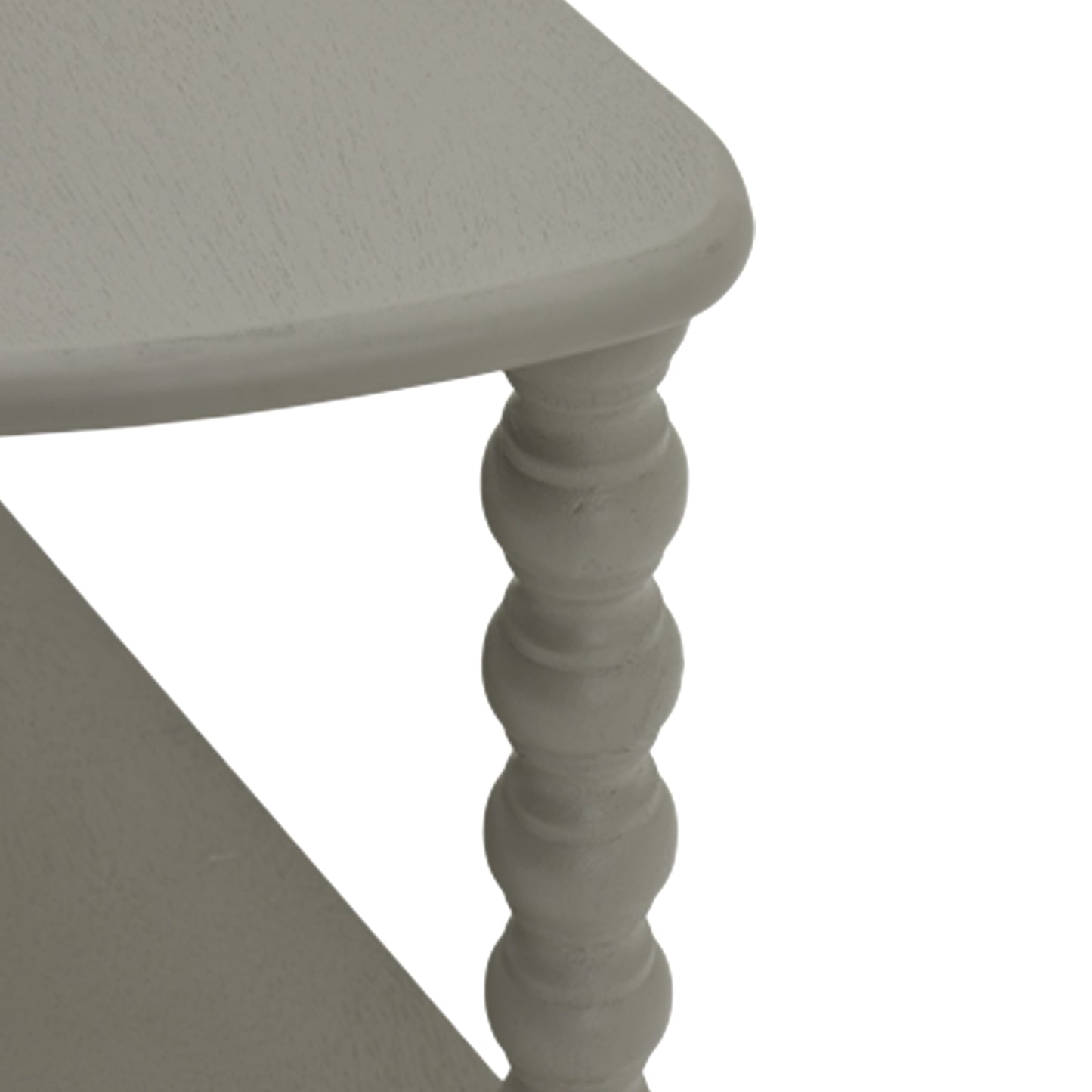 Light gray half-moon console table with three tiers, featuring elegantly turned legs and smooth surfaces for versatile display.