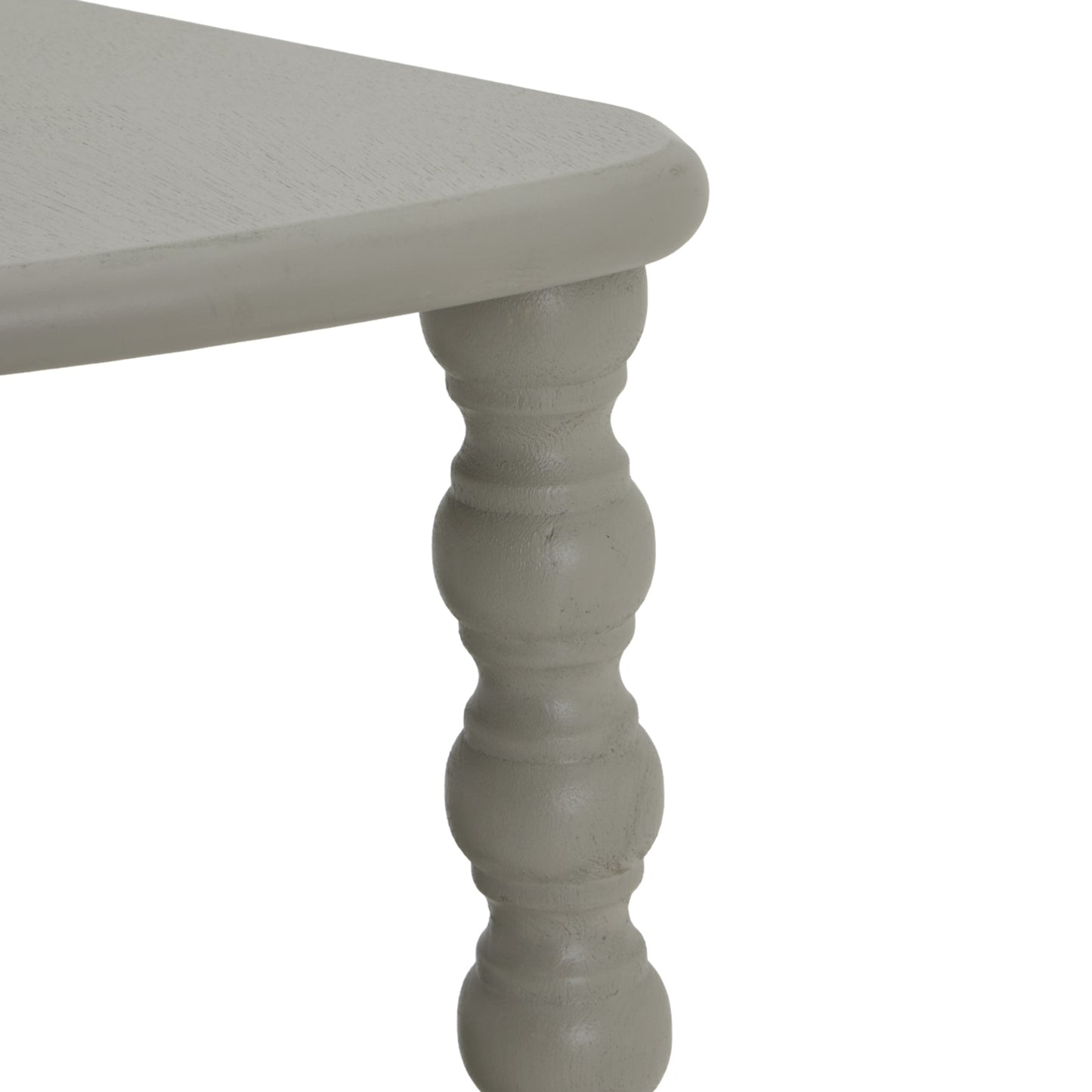 Refined half-moon console table with three tiers, featuring a soft grey finish and elegantly turned legs for a sophisticated touch.