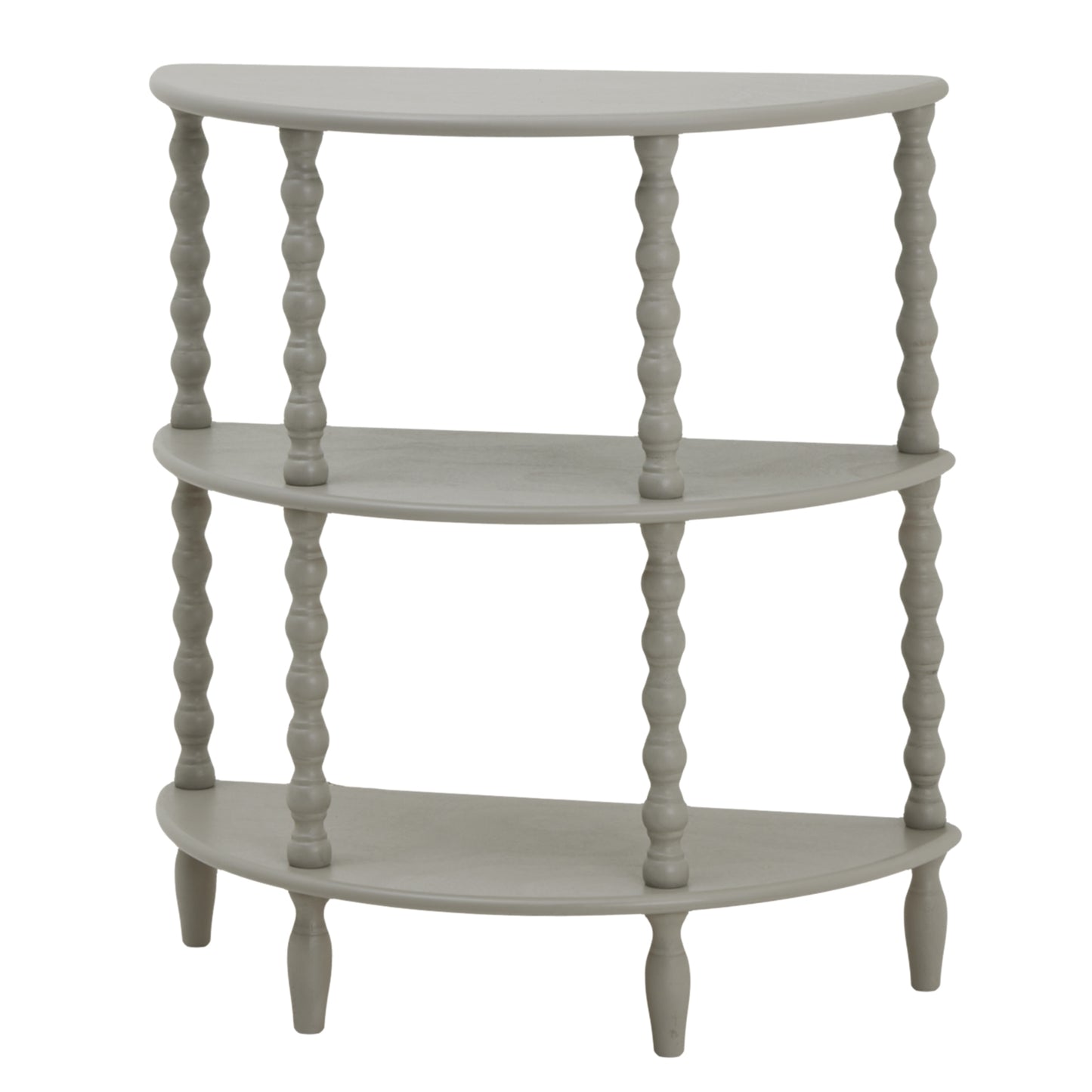Elegant half-moon console table in soft gray, featuring three tiers with twisted spindle legs, perfect for display and storage.