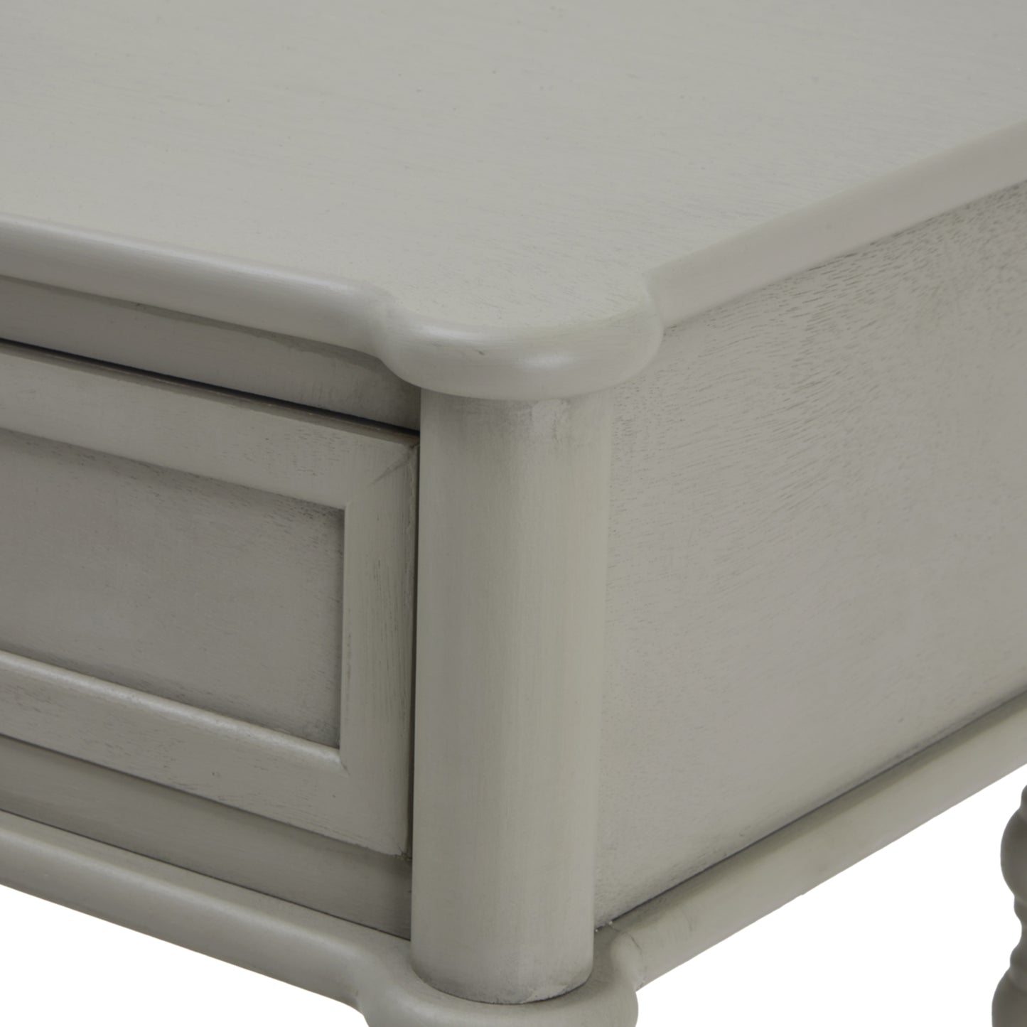 Two-drawer console table in a soft gray finish, showcasing elegant lines, rounded corners, and refined craftsmanship.