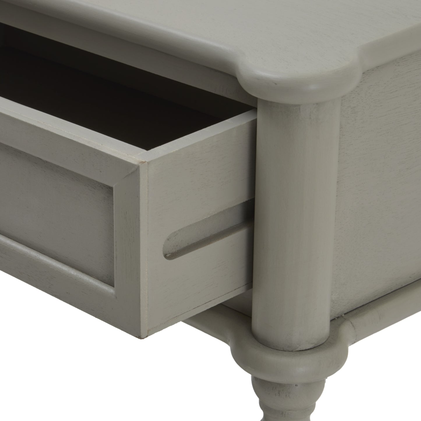 Two-drawer console table in soft gray, showcasing elegant lines and superior craftsmanship with a functionality for refined storage.