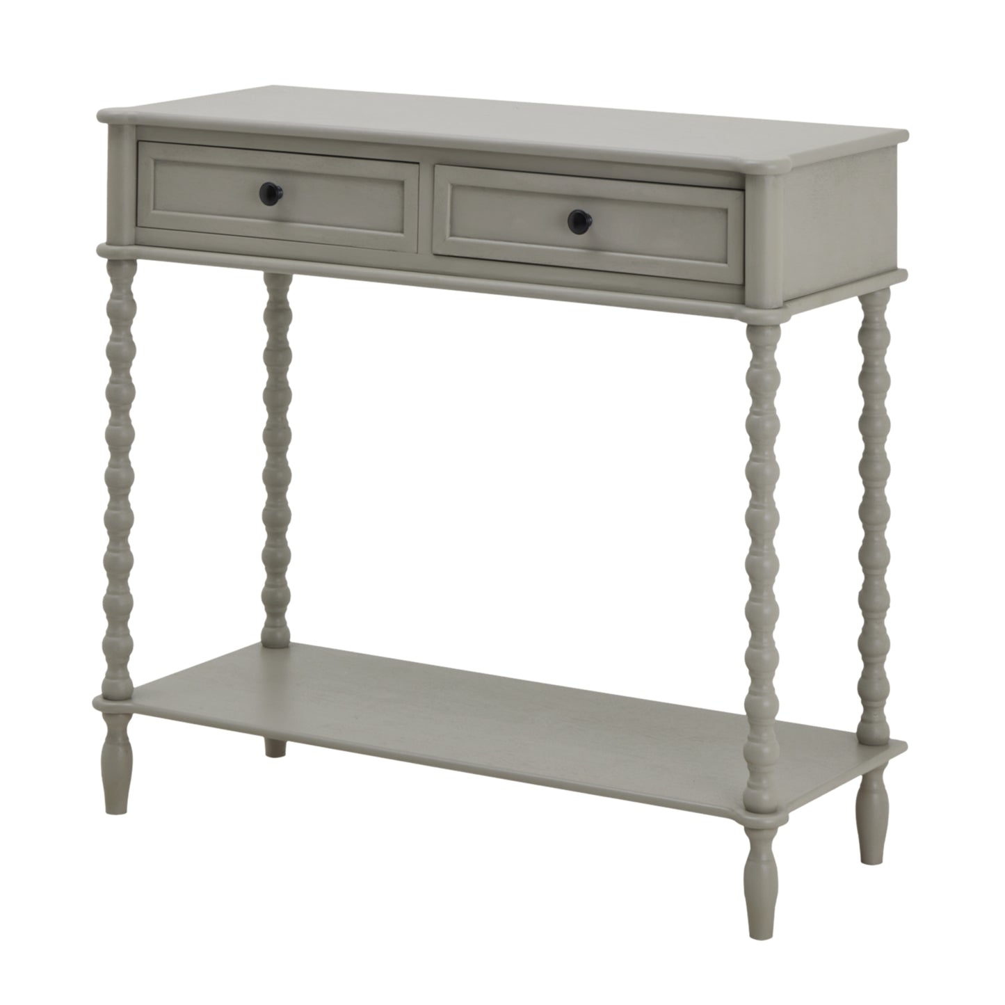 Two-drawer console table in soft gray with turned legs, featuring clean lines and elegant craftsmanship, perfect for any decor.