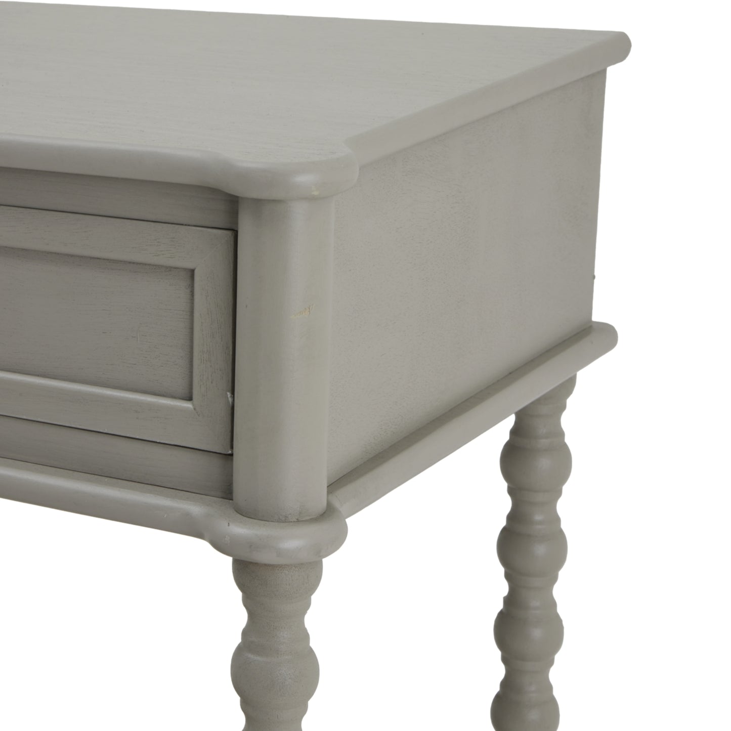 Sophisticated gray console table with elegant craftsmanship, featuring two spacious drawers and stylish turned legs.
