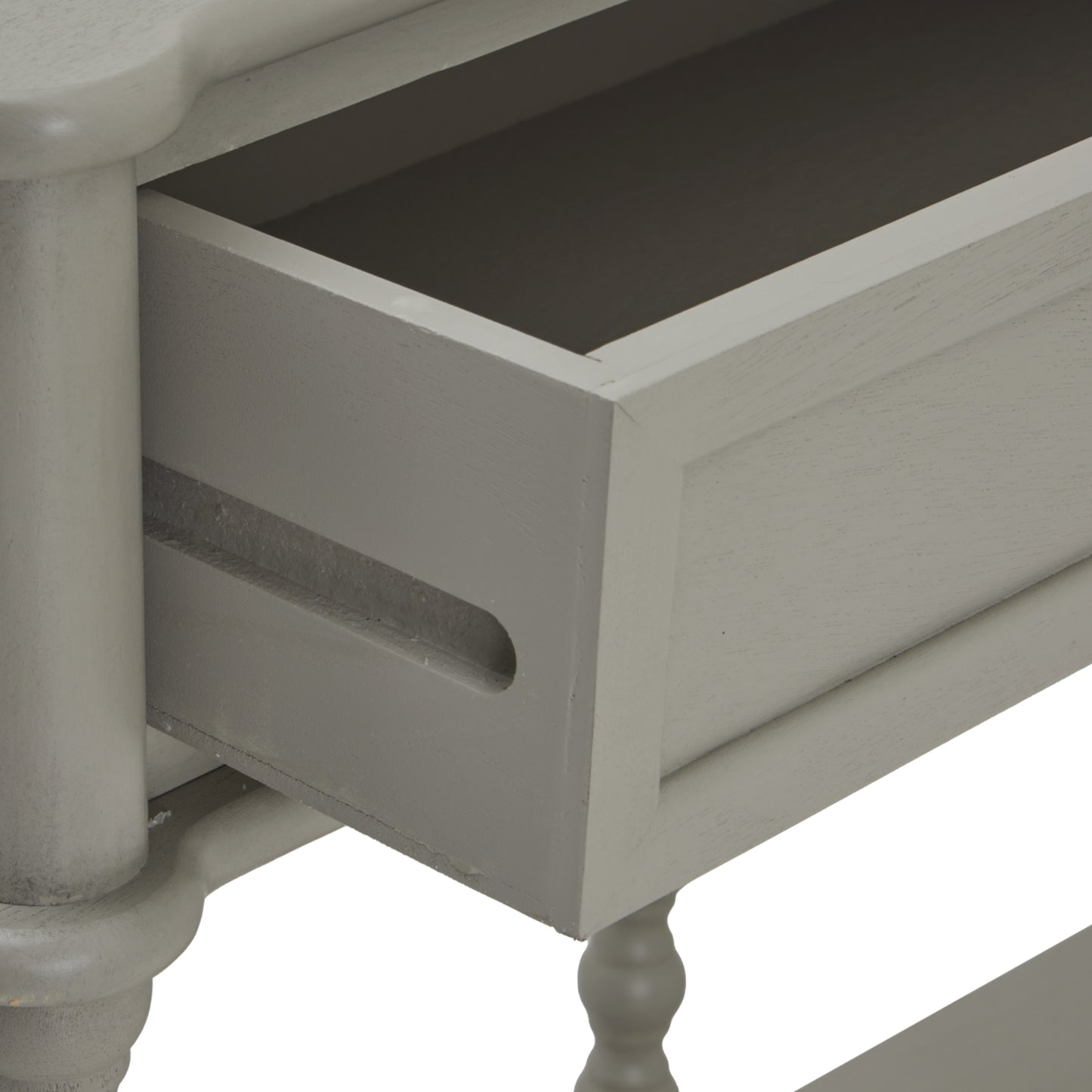 Large console table featuring a sleek, light grey finish, two spacious drawers, and elegant, turned legs for sophisticated storage.
