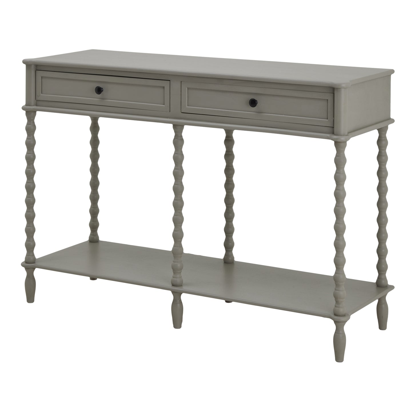 Large console table in soft gray with two drawers and elegantly turned legs, offering stylish storage and display.