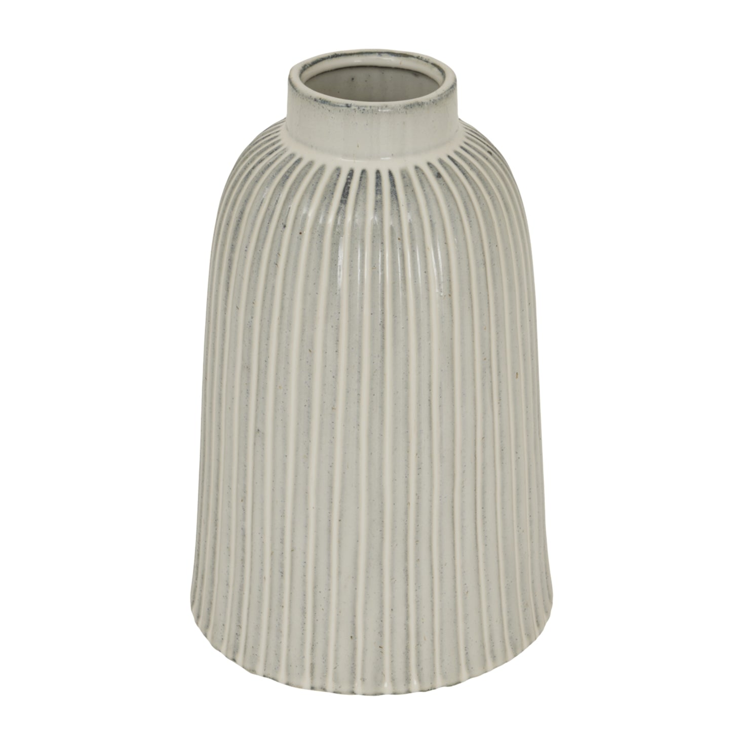 White bell vase with elegant ribbed design, featuring a graceful silhouette and crystal-clear transparency, perfect for sophisticated decor.