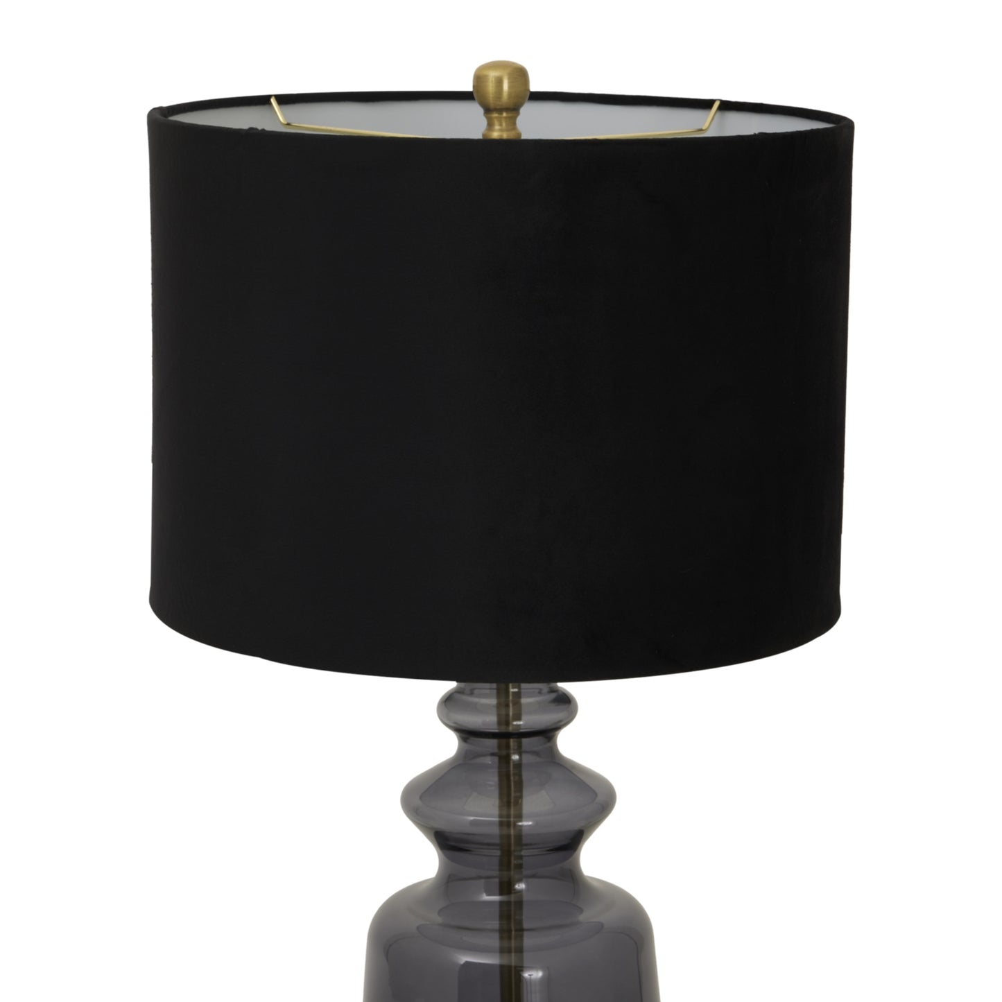 Elegant table lamp featuring a glass urn base and a luxurious black velvet shade, adding a sophisticated touch to any space.