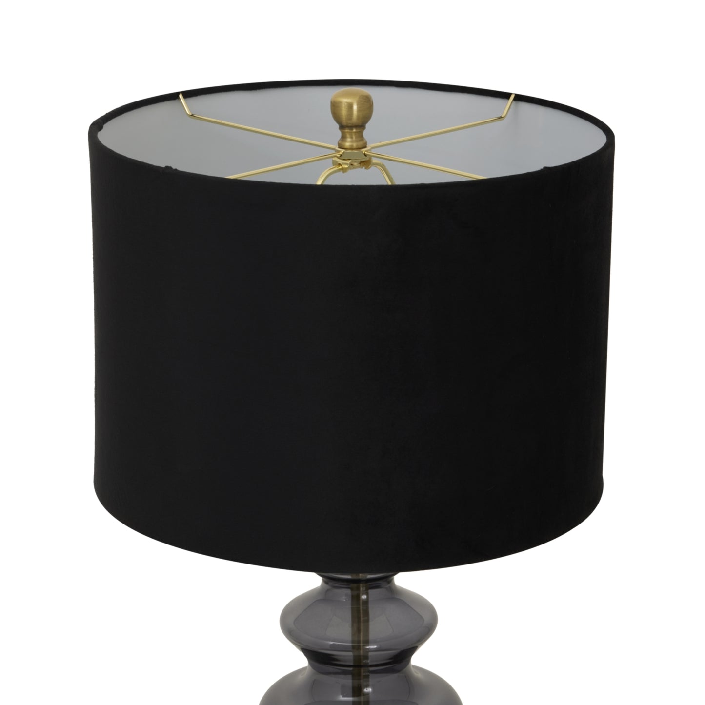 Glass urn lamp with a sleek black velvet shade, combining elegance and luxury for sophisticated decor enhancement.