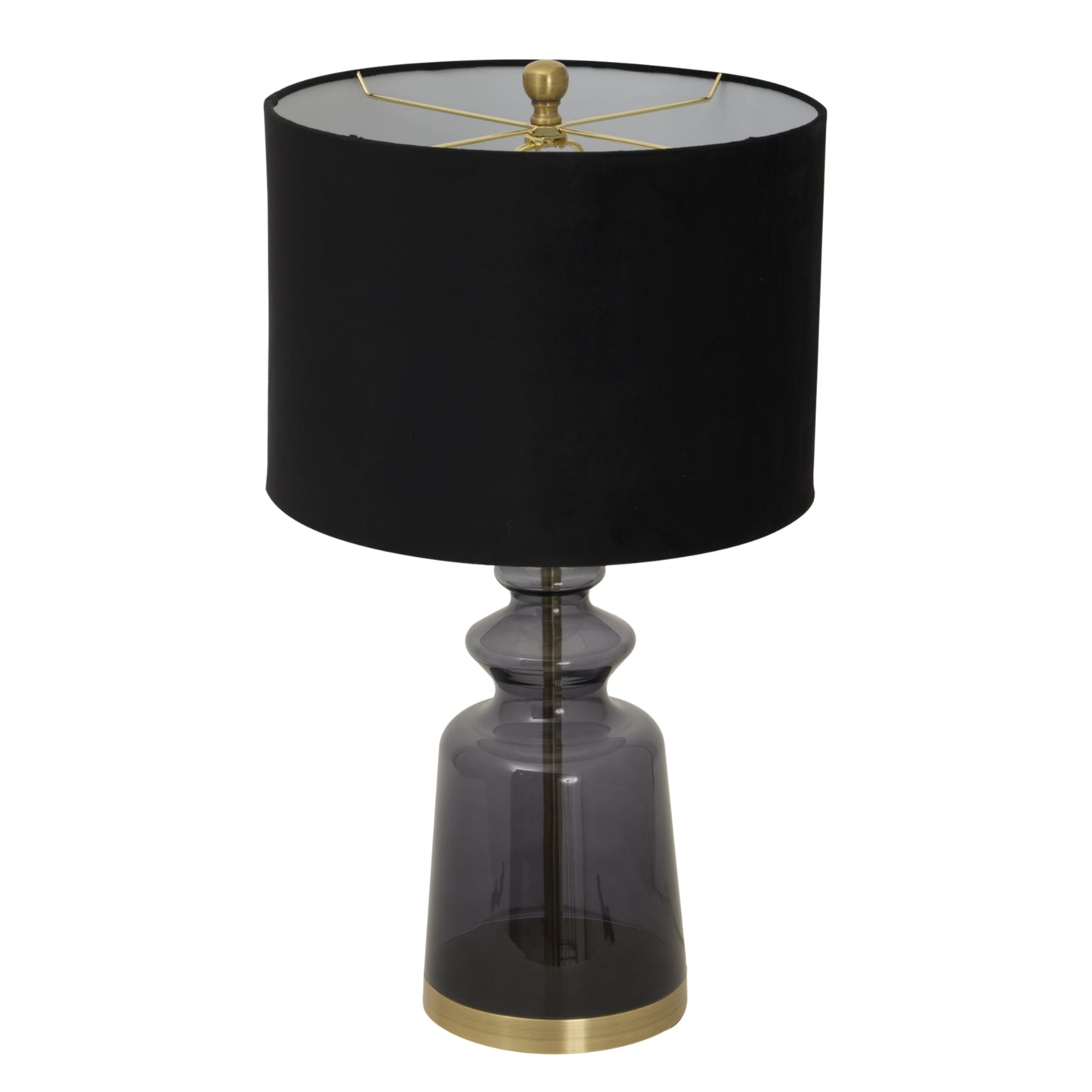 Glass urn lamp with a sleek black velvet shade and brass accents, exuding elegance and sophistication for any space.