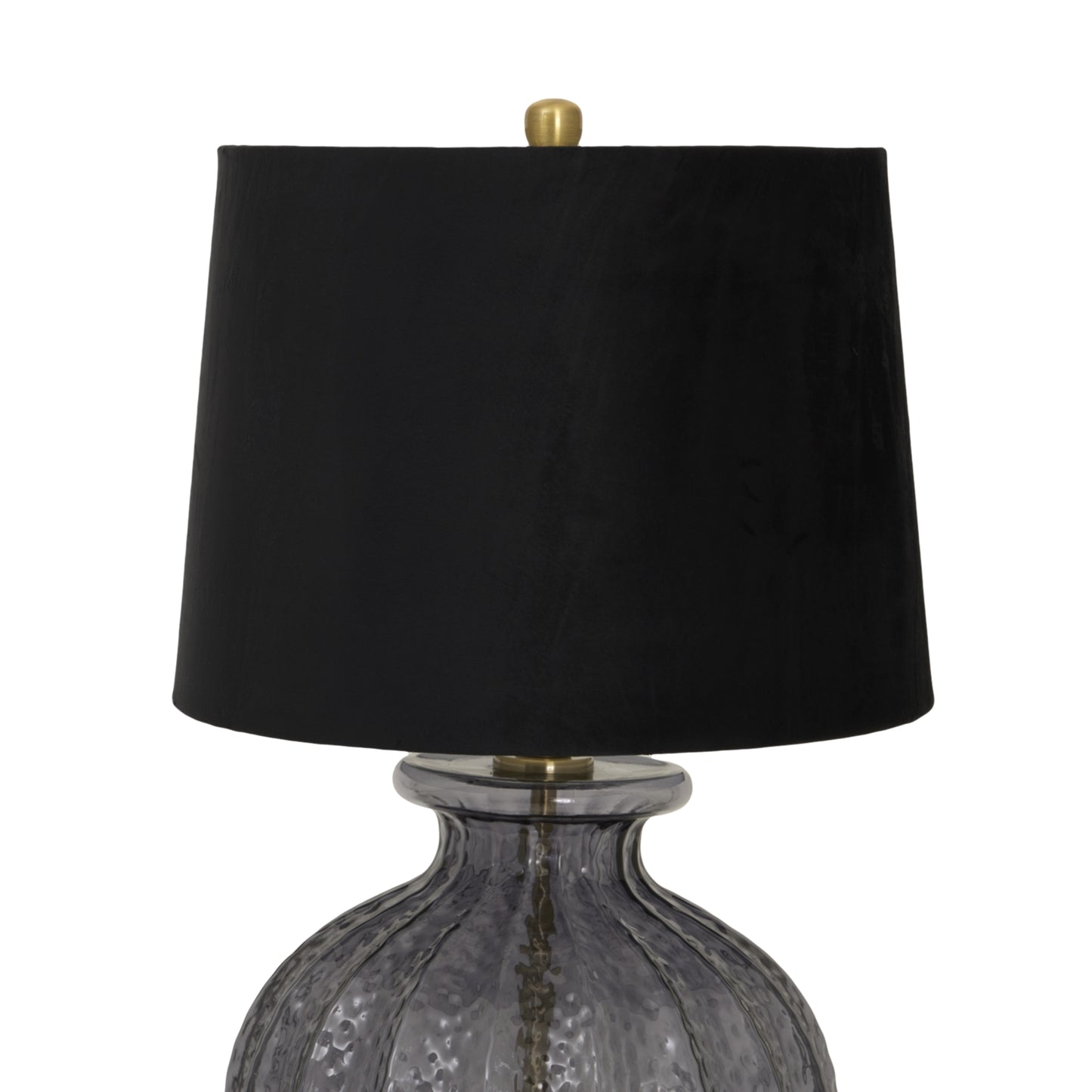 Fluted glass base lamp with a sleek black velvet shade and a brass accent, exuding elegance and modern sophistication.