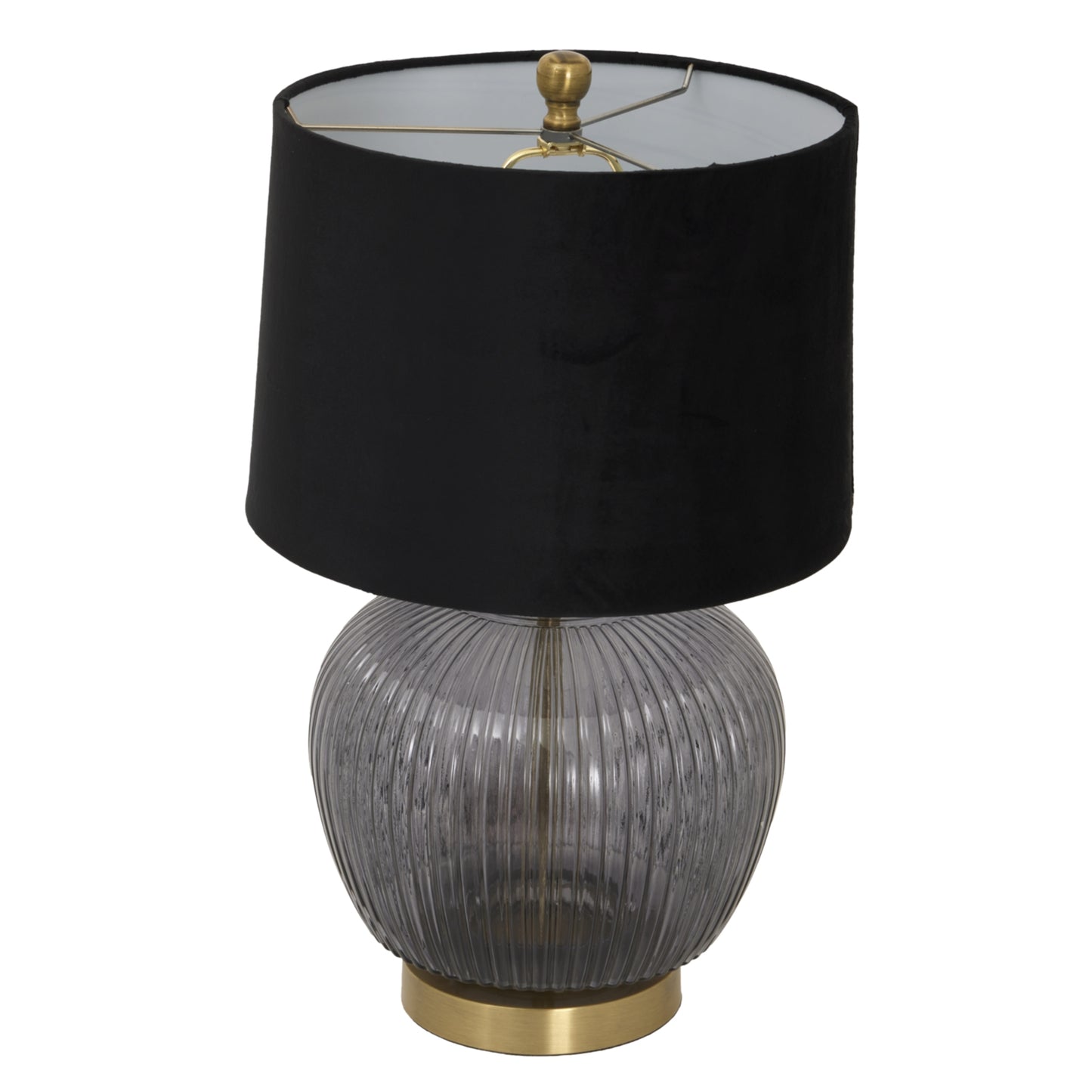 Ribbed glass lamp with a black velvet shade and gold base, exuding elegance and creating mesmerizing light patterns.