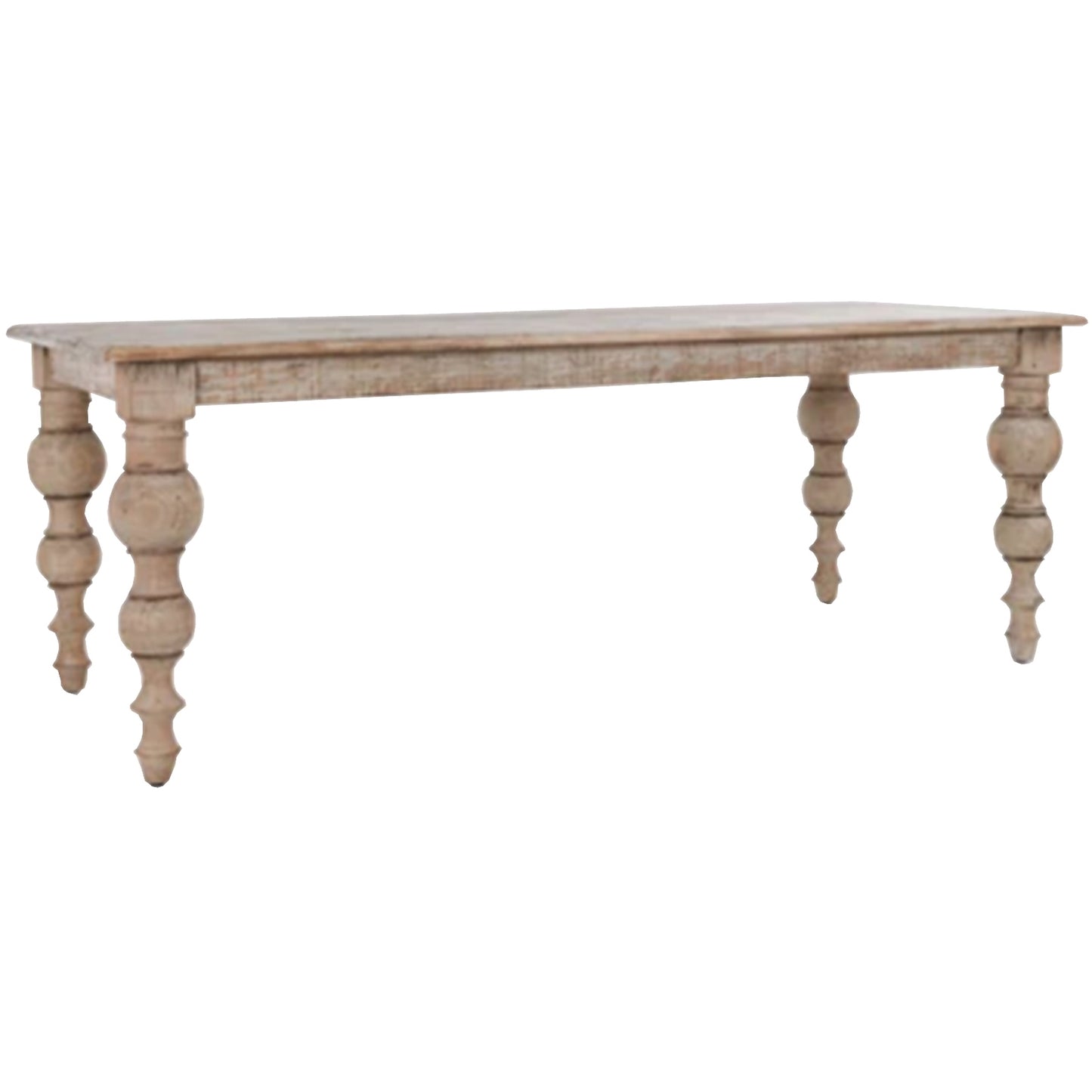 Rectangular dining table with elegantly turned legs, featuring a neutral finish and a distinctive textured surface for a timeless look.