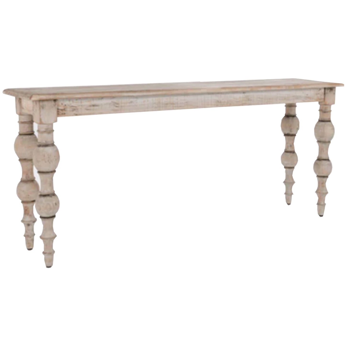 Rustic white console table with elegantly turned legs, showcasing refined craftsmanship and versatile style for any interior.