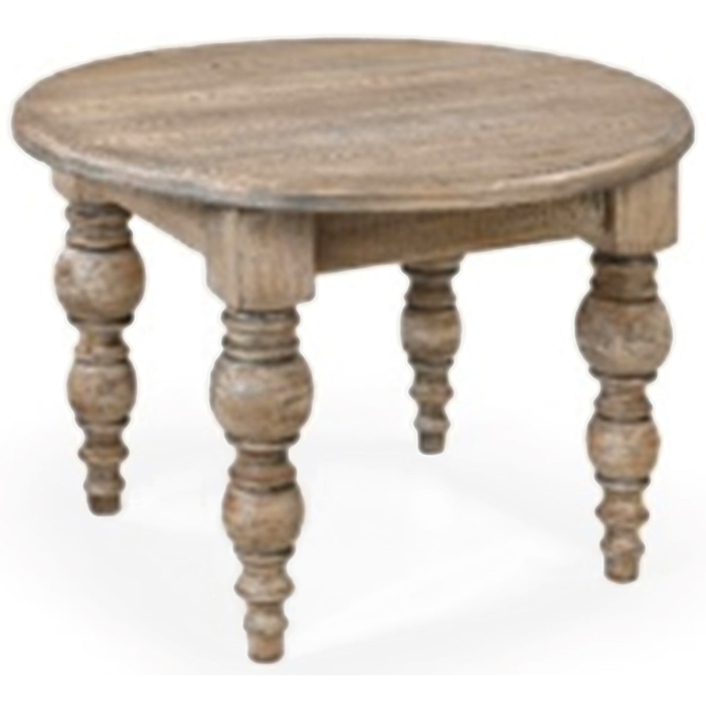 Round side table with a rustic wood finish, featuring elegantly turned legs and a simple, timeless design. Ideal for various interiors.