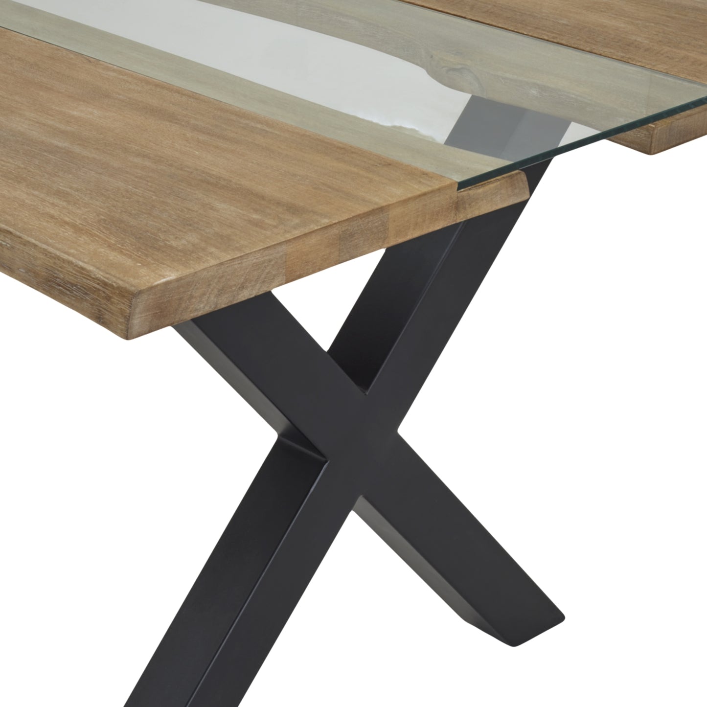 Light acacia dining table featuring organic grain patterns and a sleek black X-shaped base, combining natural beauty with modern elegance.