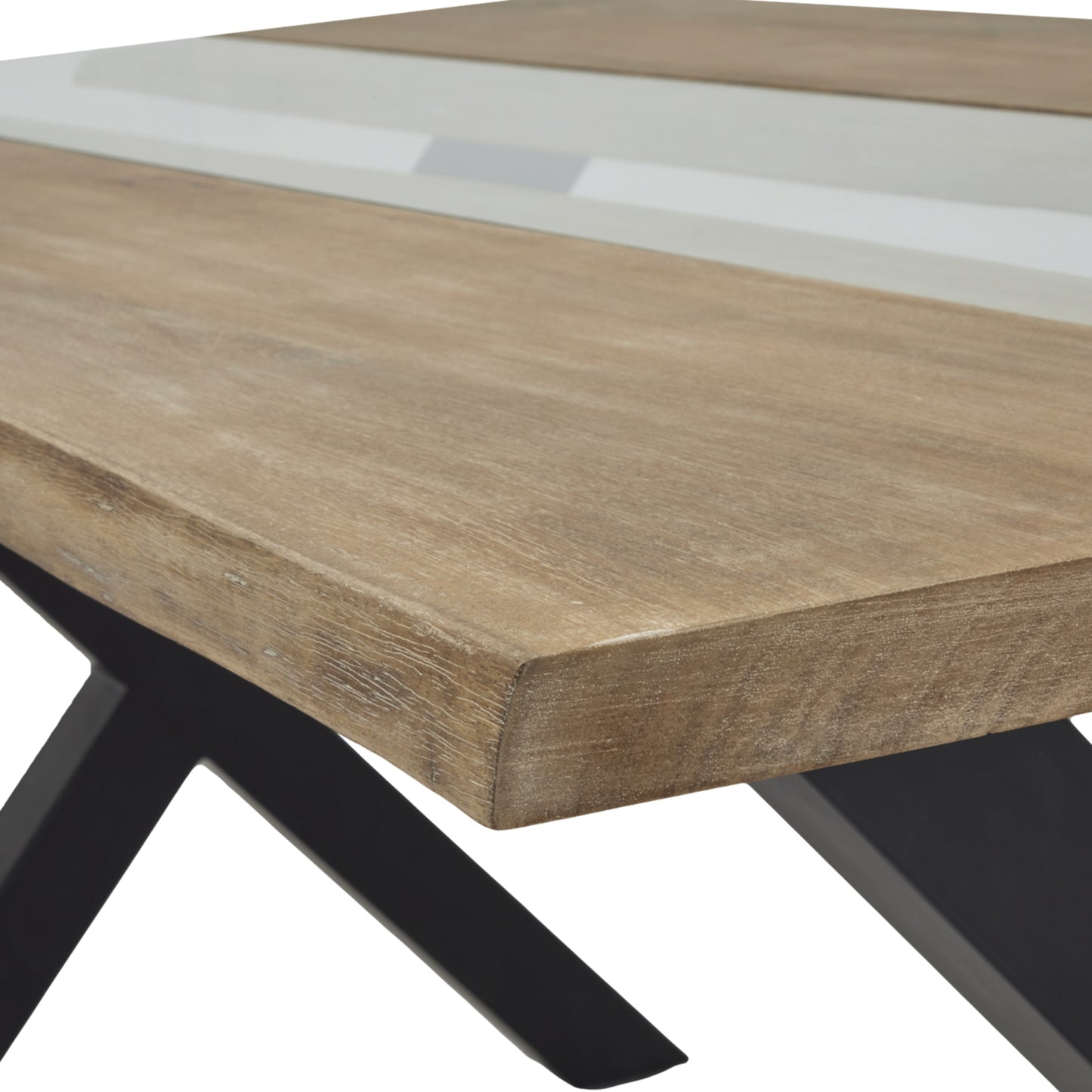 Light acacia wood dining table features natural river-like grain patterns and organic edges, supported by black legs.