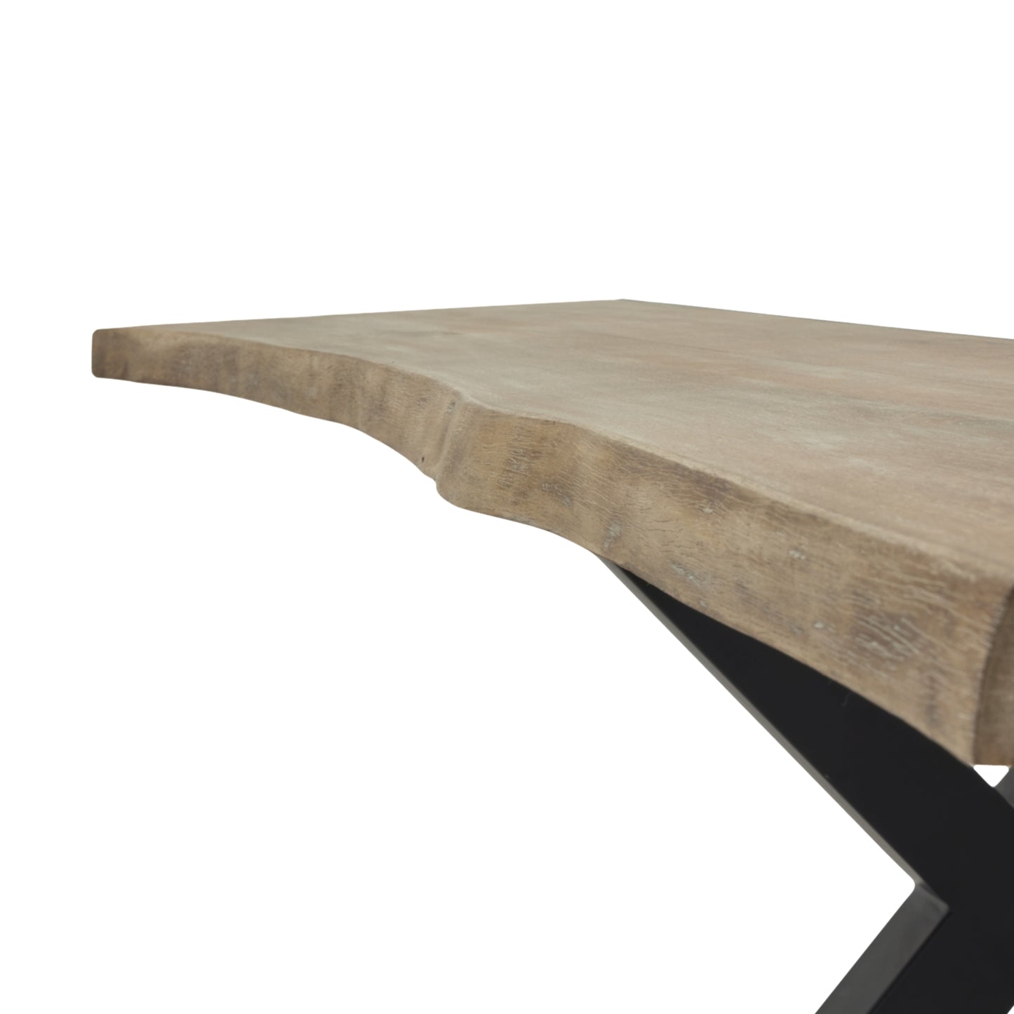 Light acacia dining table with a natural river-like edge, featuring a sleek black metal base and understated elegance.