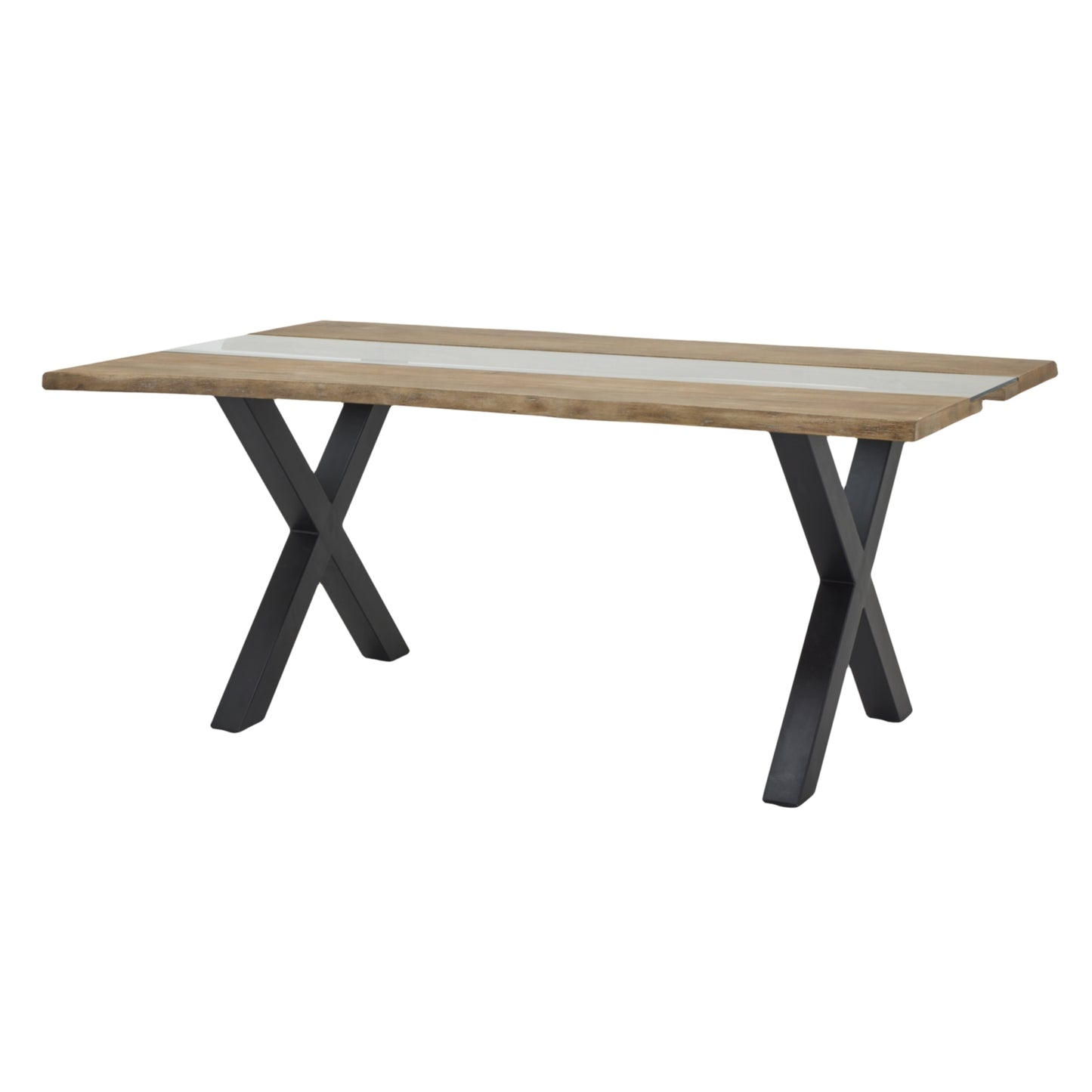 Light acacia river dining table with organic grain patterns, rustic edges, and sleek black X-shaped legs, enhancing any decor.