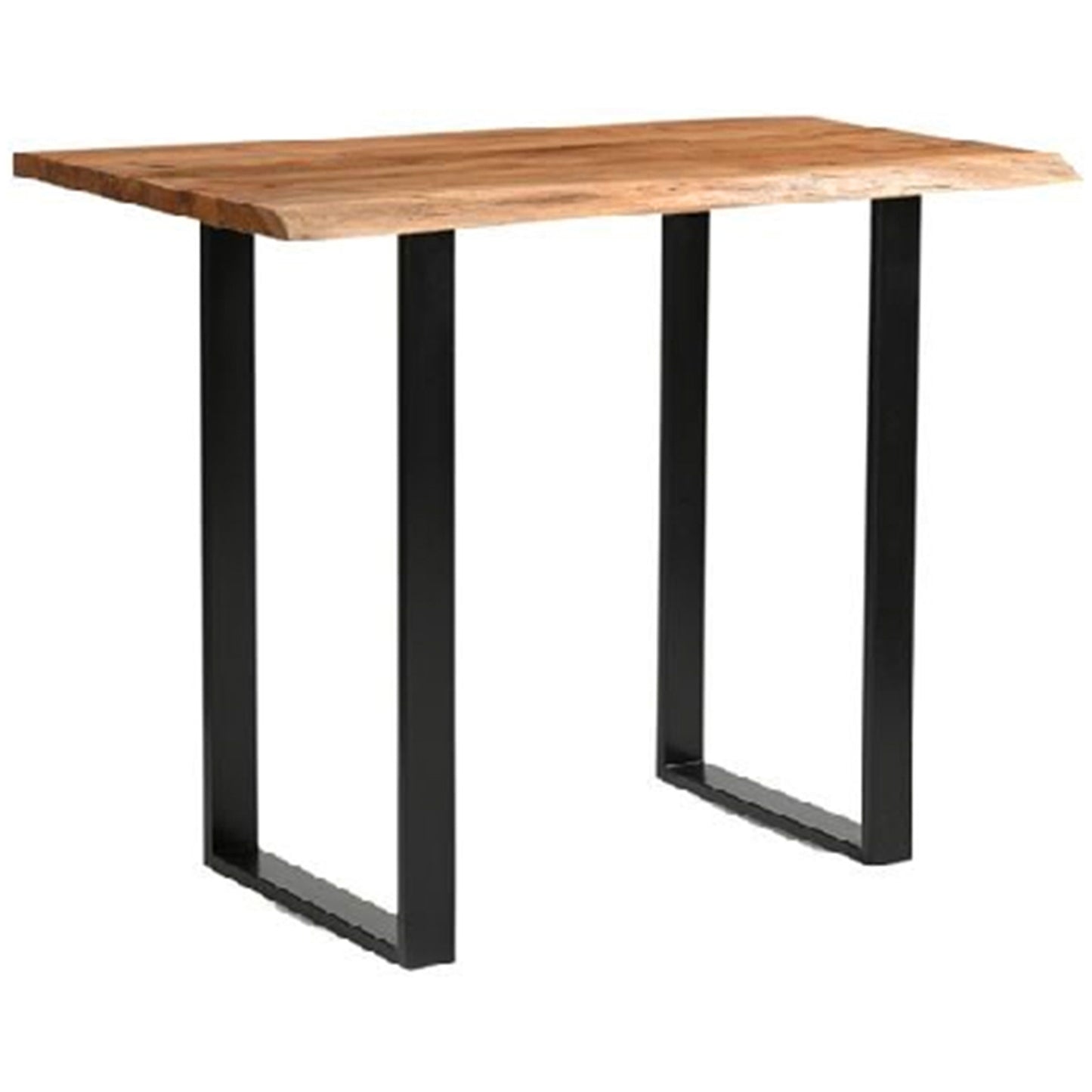 Light acacia wood bar table with a distinctive live edge design, featuring a natural wood top and sleek black metal legs.