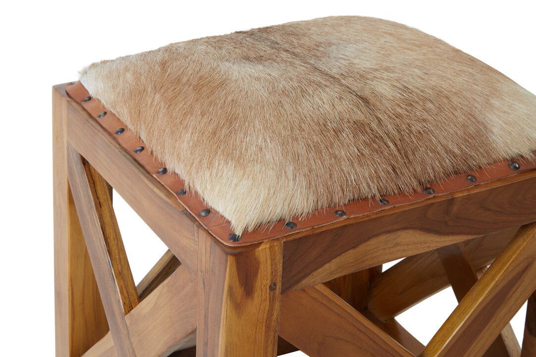 Sumatra Hair on Leather and Teak Wood Square Stool