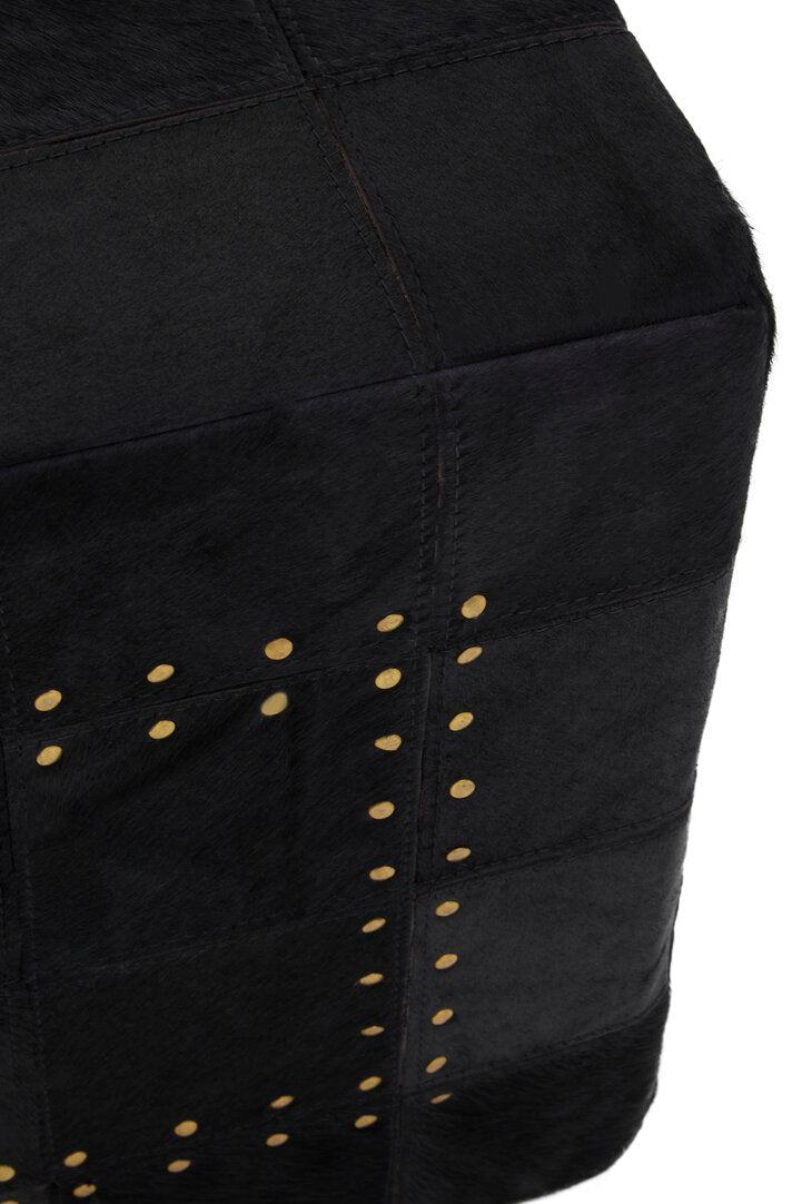 Hygge Safira Black Patchwork Leather Pouffe With Gold Studs